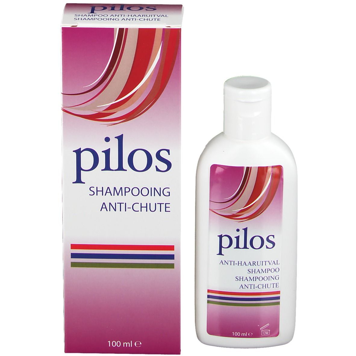 Witte fles en doos. Roze etiket met rood en wit design. Productnaam: pilos. Doos met productnaam.