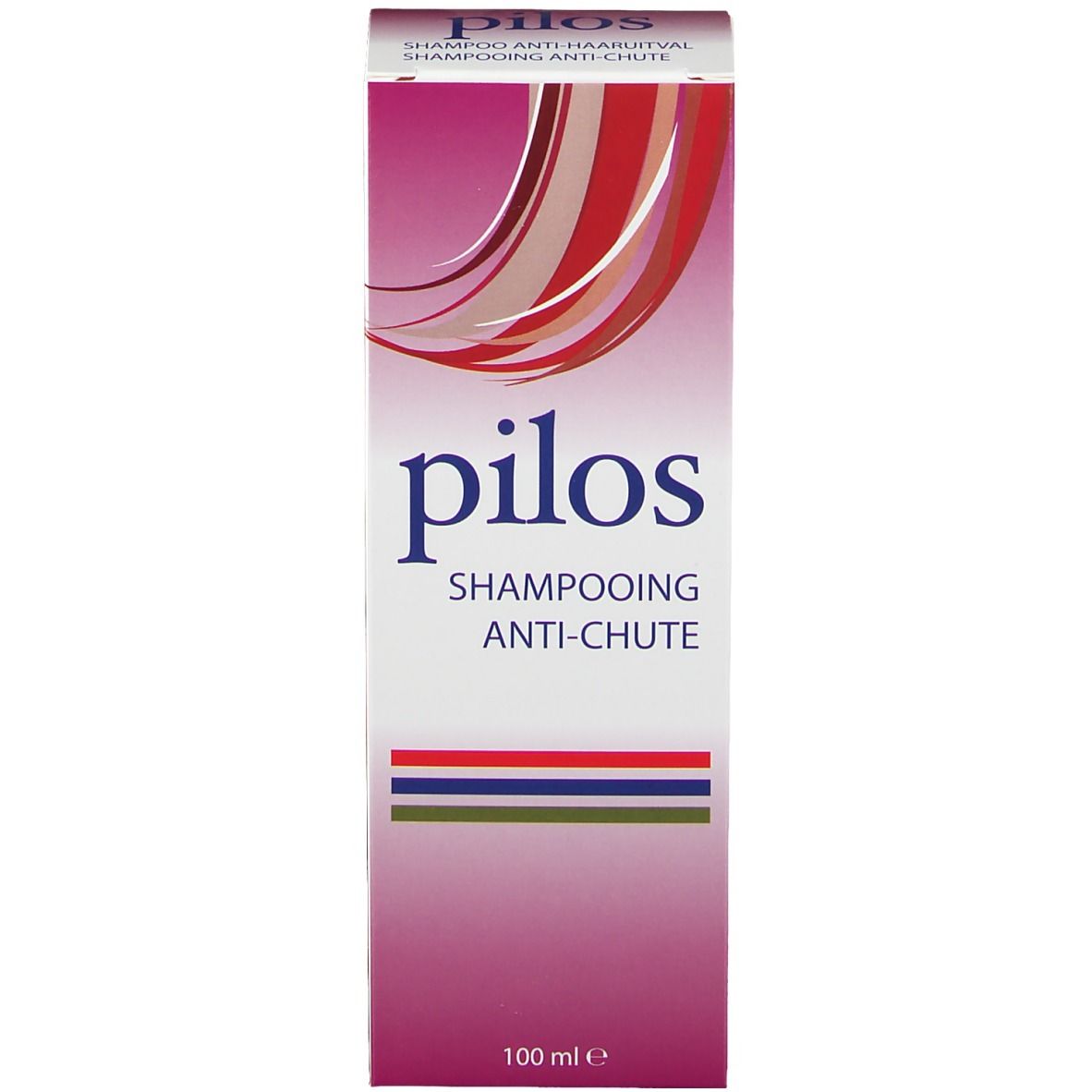 Hoge doos met roze etiket en rood en wit design. Productnaam: pilos. Tekst: Shampooing Anti-Chute.