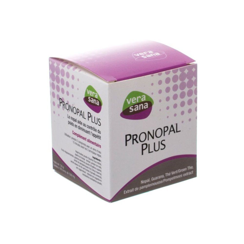 Boîte Pronopal Plus. Carton blanc et couvercle violet. Texte: Pronopal Plus, vera sana. Contient Nopal, Guarana, extrait de thé vert.