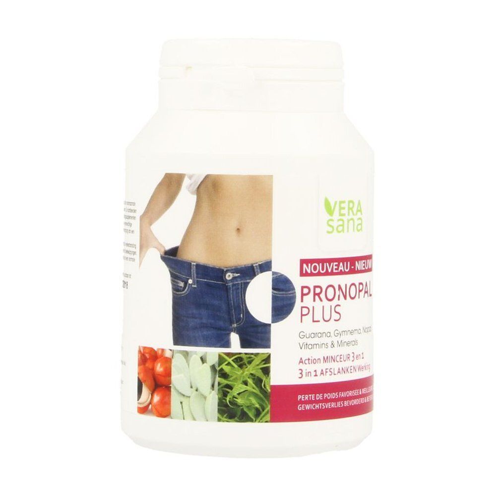 Pronopal Plus fles. Witte fles met dop. Tekst: Pronopal Plus, vera sana. Afbeelding: vrouw in te wijde broek. Bevat vitaminen & mineralen.