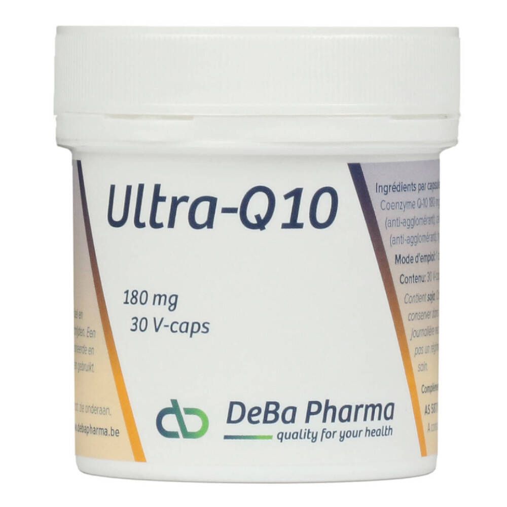 Boîte blanche avec 'Ultra-Q10' et '180 mg'. Logo 'DeBa Pharma'. 30 V-caps.