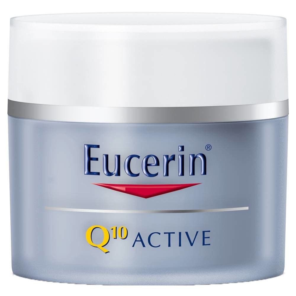 Pot de crème avec couvercle blanc. Logo Eucerin et texte Q10 Active.