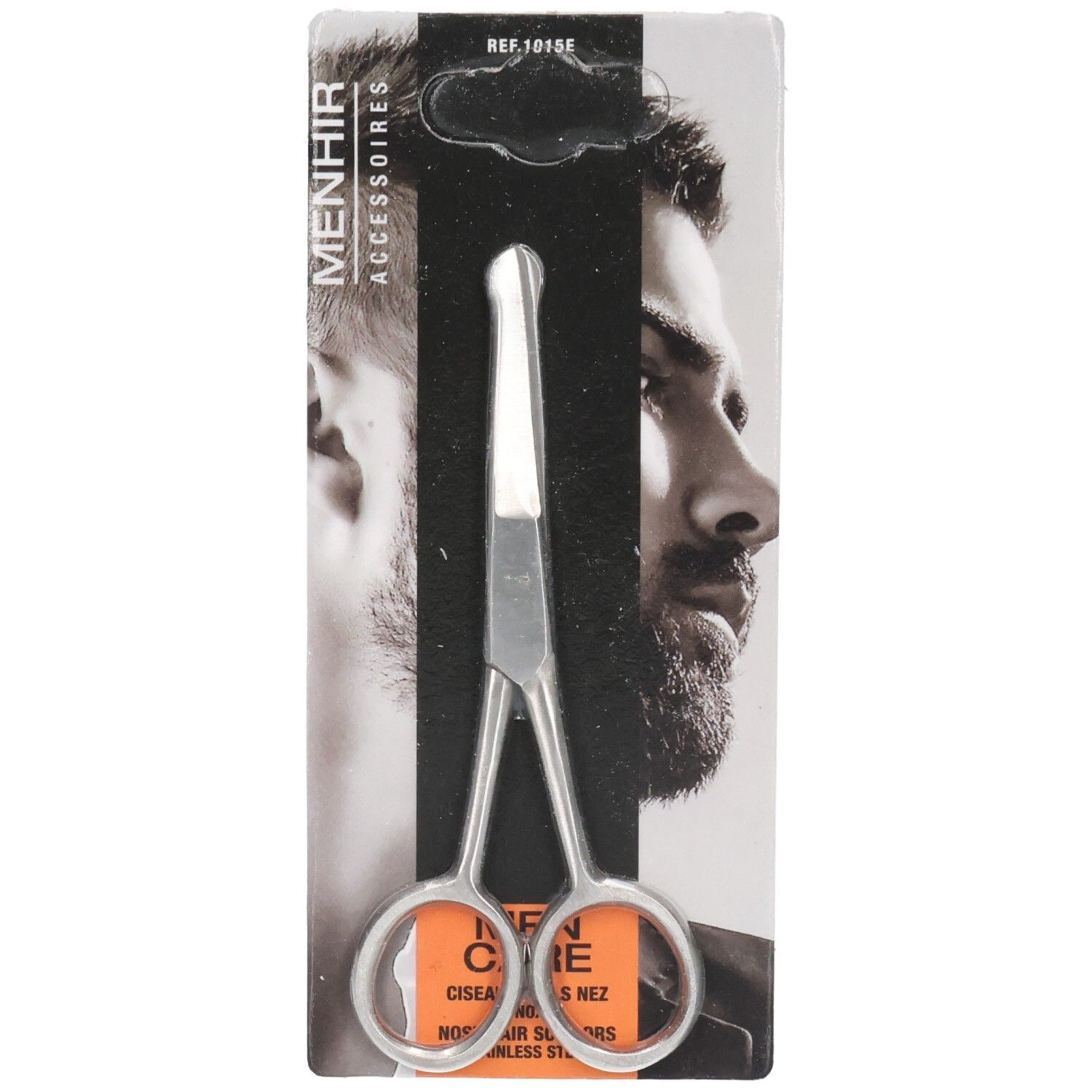 Ciseaux à nez en acier inoxydable dans un emballage. Menhir Accessoires. Inscription: Men Care, Ciseaux Nez.