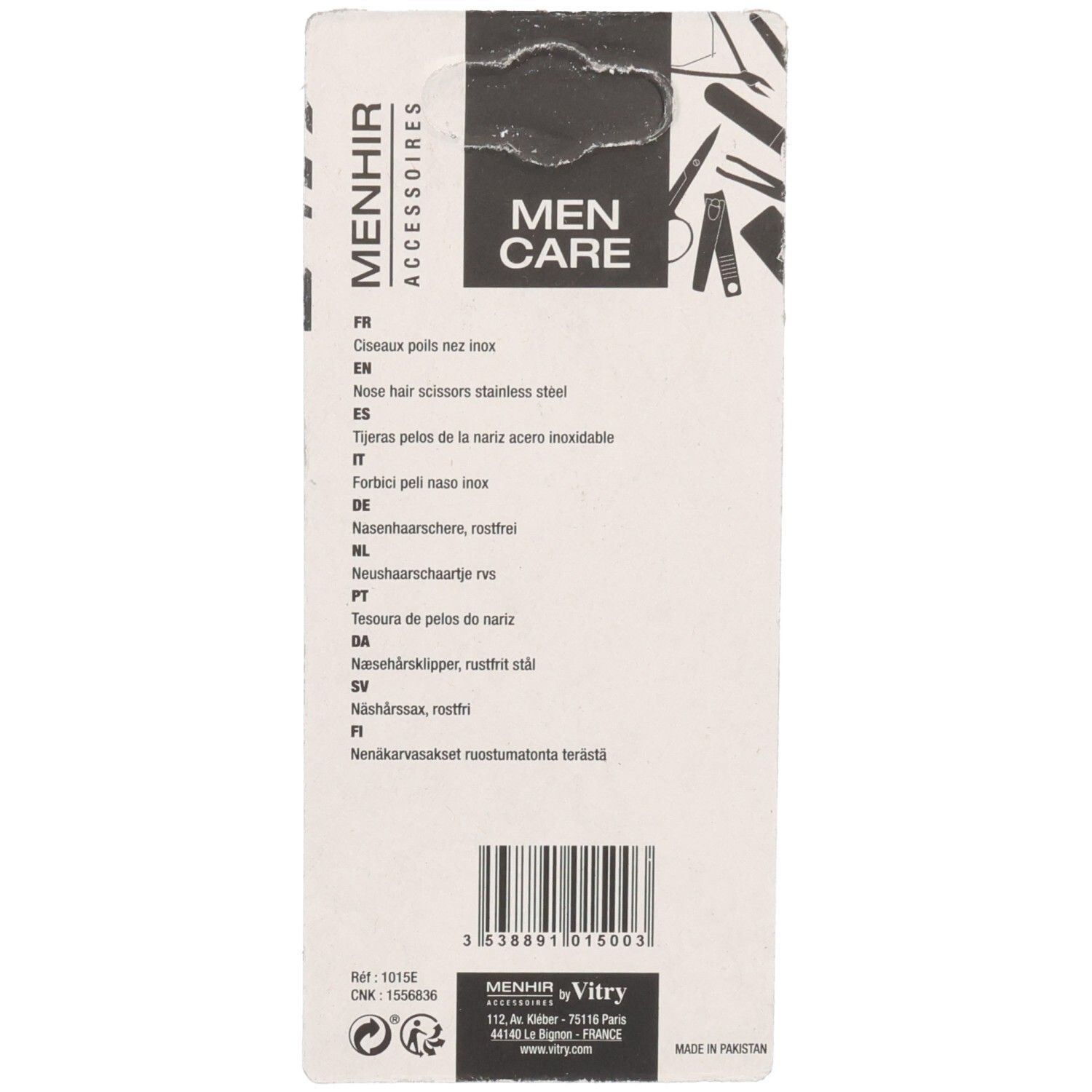 Dos de l'emballage. Menhir Accessoires. Texte: Men Care, ciseaux à nez en acier inoxydable. Code-barres et informations.