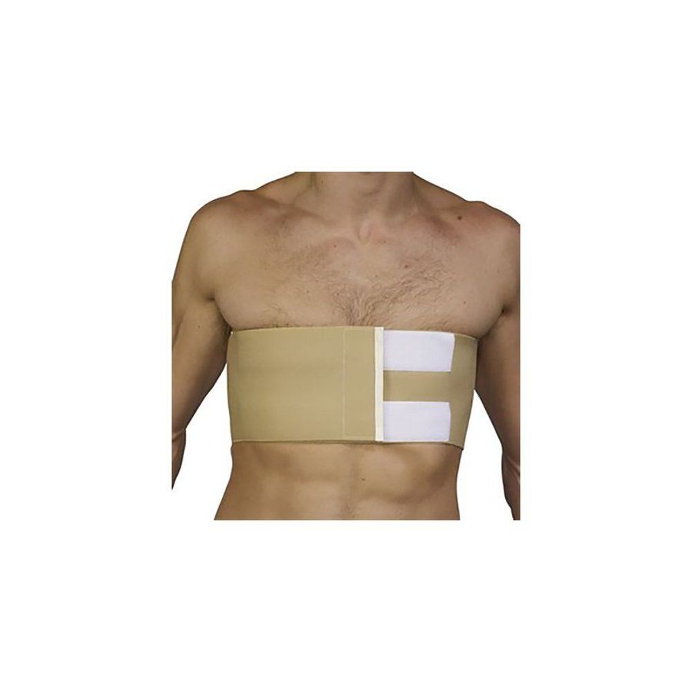 Beige borstband met klittenbandsluiting. Gedragen op het lichaam. Productnaam niet zichtbaar.