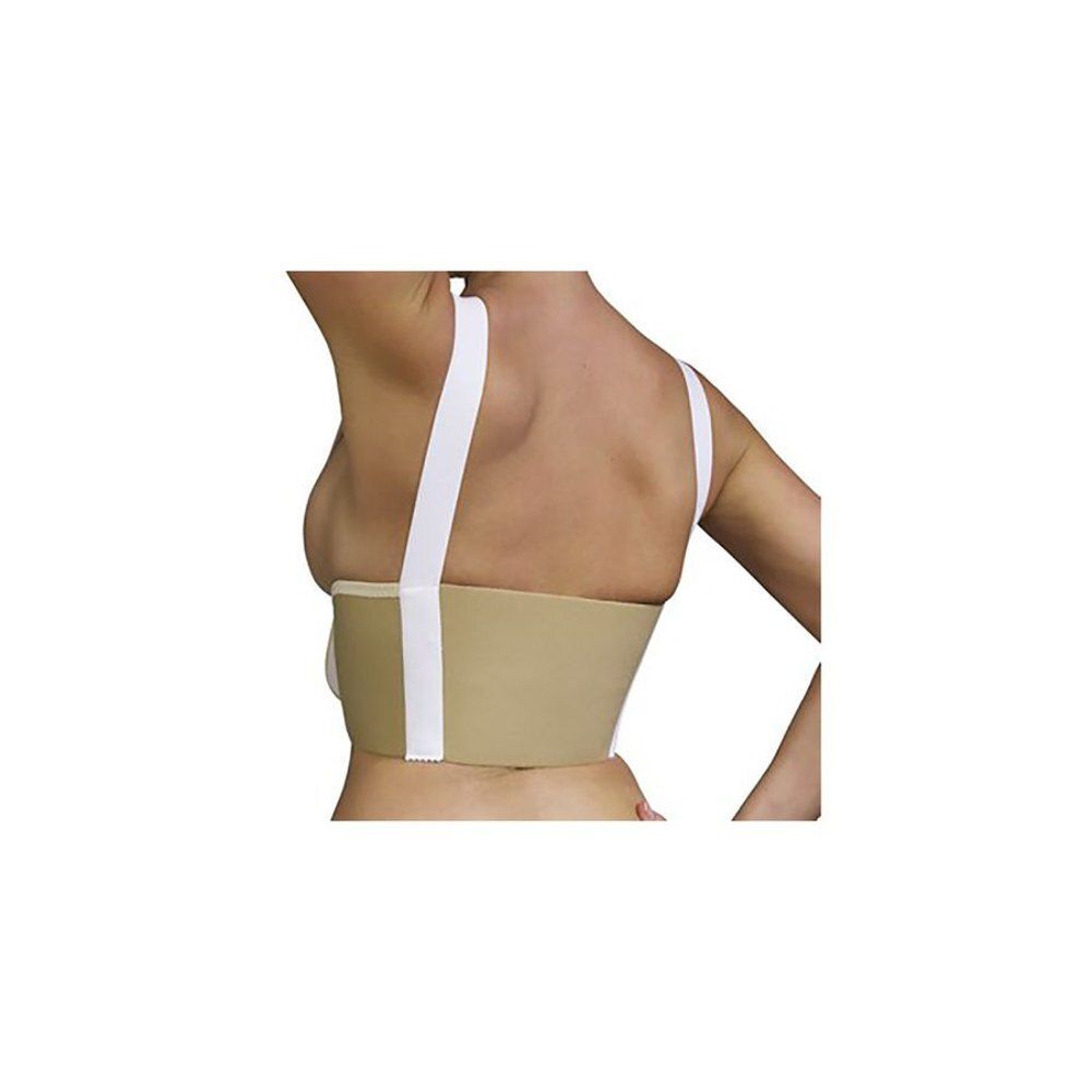 Beige thoraxband met witte bandjes. Achteraanzicht van een persoon die het product draagt.