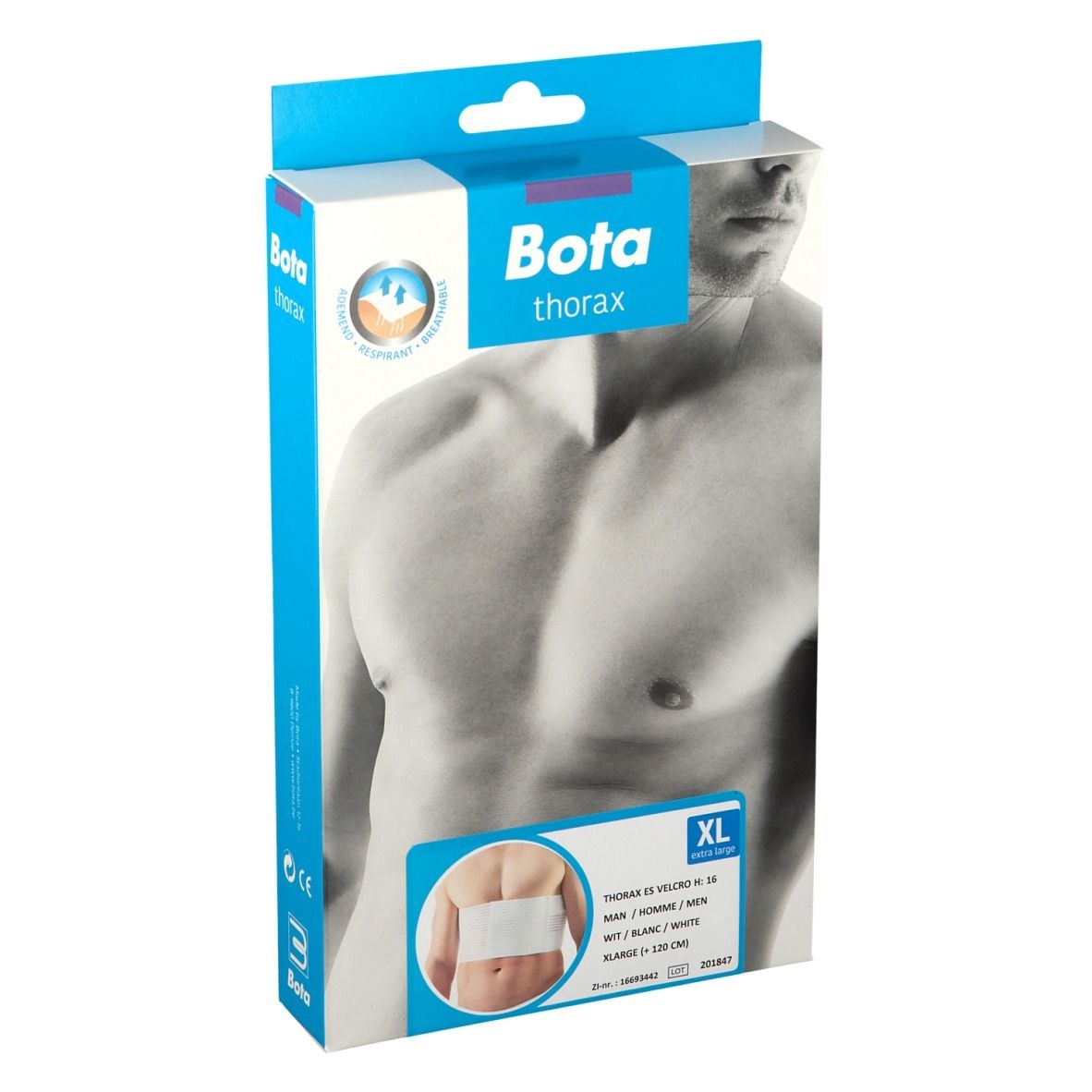 Bota Thorax Belt ES Men XL verpakking. Productafbeelding op de verpakking. Maat XL. Wit product afgebeeld op de buik.
