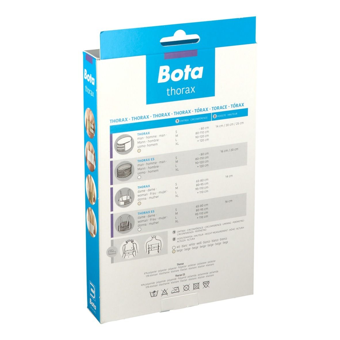 Achterkant van de Bota Thorax Belt ES Men XL verpakking. Productafbeeldingen en maatinfo. Maatinformatie.