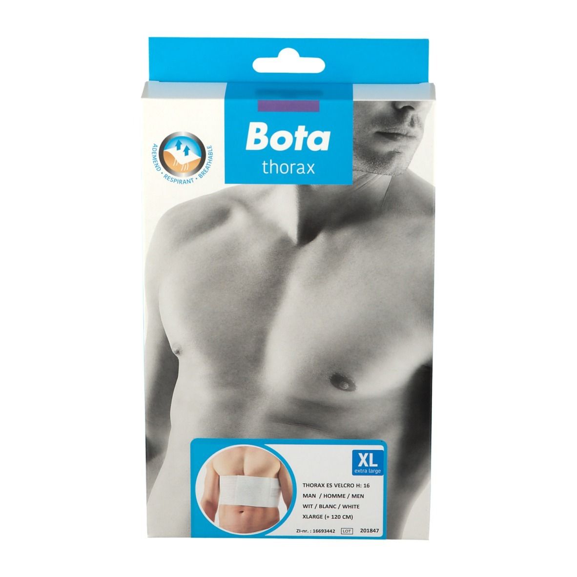 Bota Thorax Belt ES Men XL verpakking. Productafbeelding. Maat XL. Wit product afgebeeld op de buik.