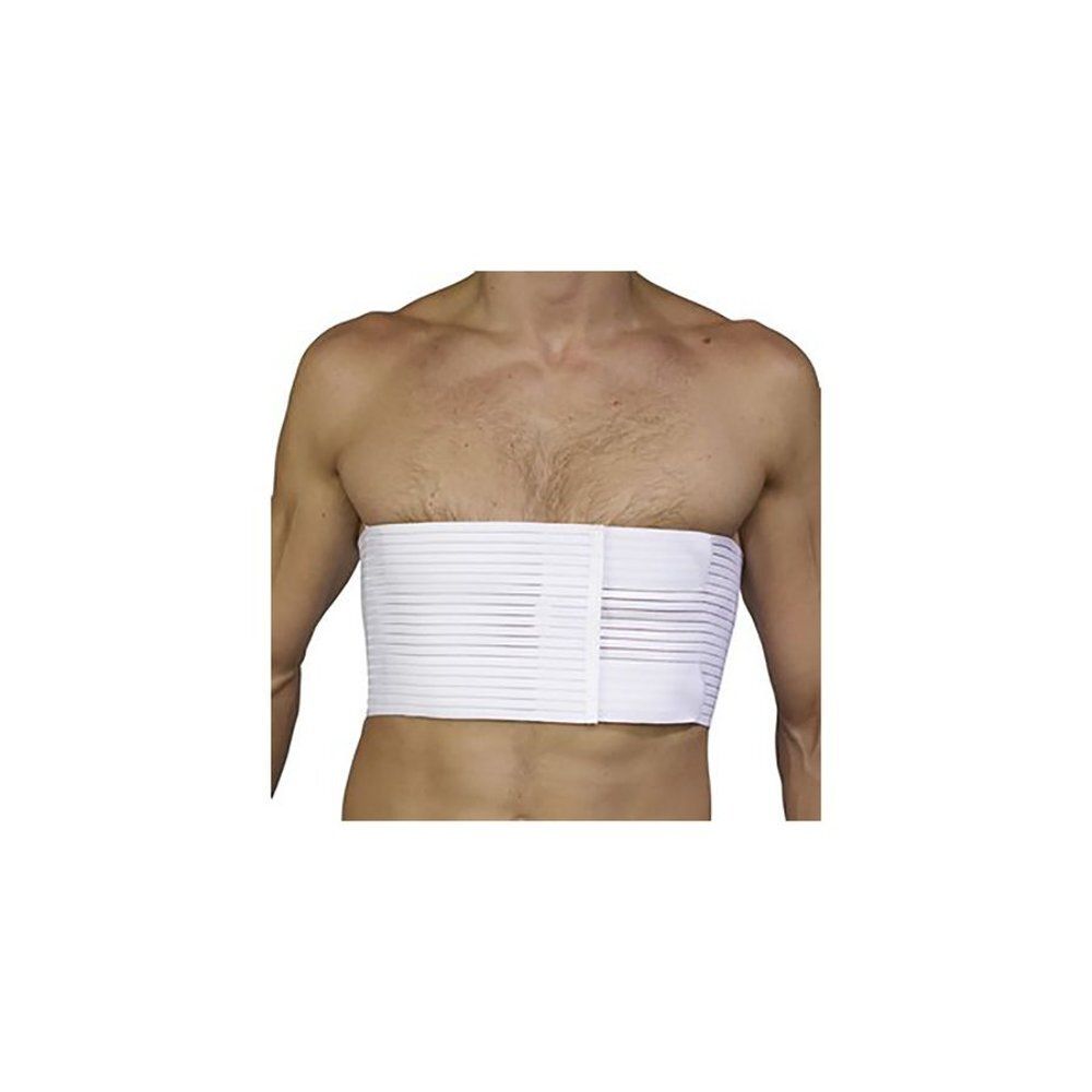 Bande thoracique blanche avec fermeture velcro, portée par une personne.