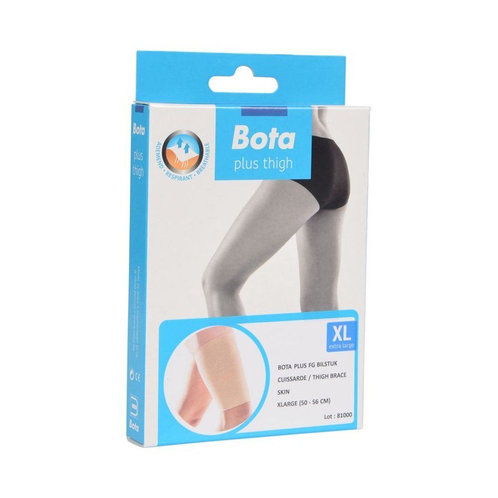 Verpakking Bota Plus dijbeen XL. Afbeelding van een vrouw met bandage. Tekst: Bota, plus thigh, XL, extra large.