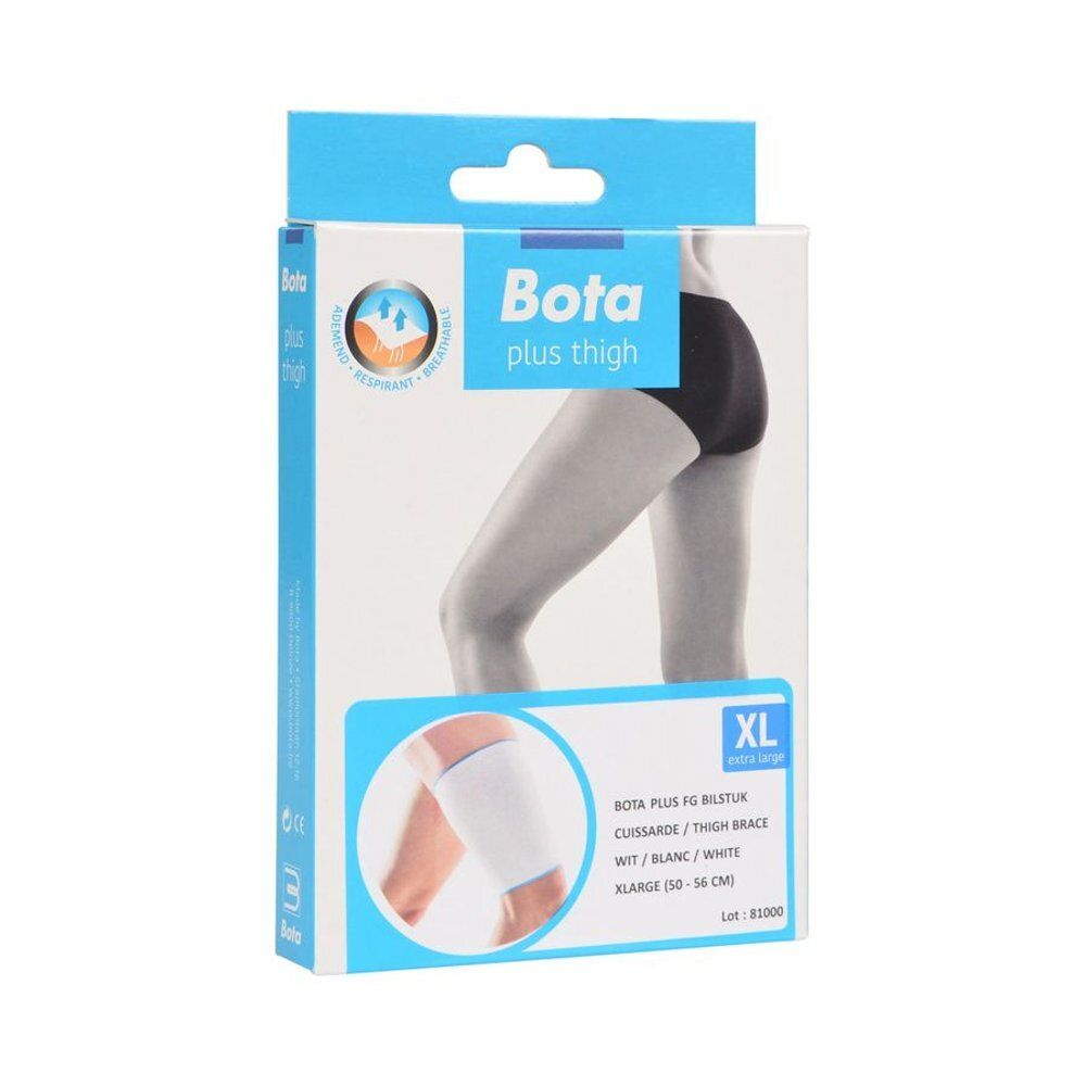 Verpakking voor Bota Plus Bilstuk Wit Extra Large. Productafbeelding en tekst: 'Bota plus thigh'.
