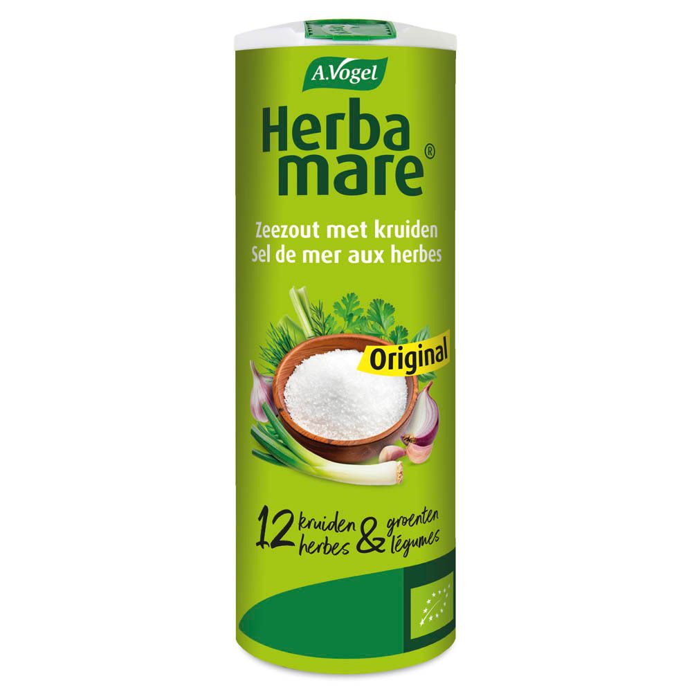 Groene kruidenzout-verpakking. A. Vogel Herbamare. Kruiden en groenten afgebeeld. 12 kruiden & groenten.