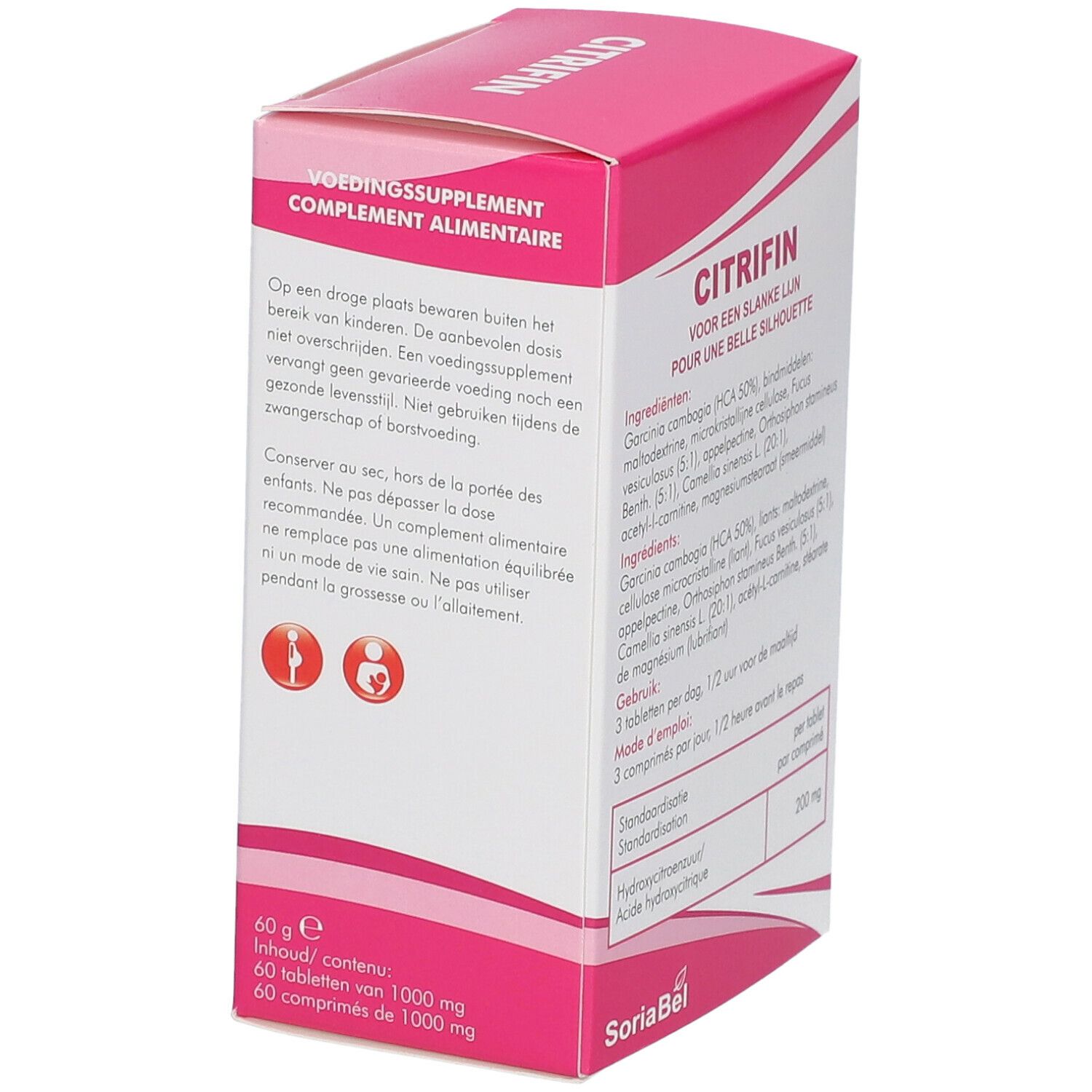 Boîte de Citrifin. Boîte rose et blanche avec informations produit et avertissements. 60 comprimés.