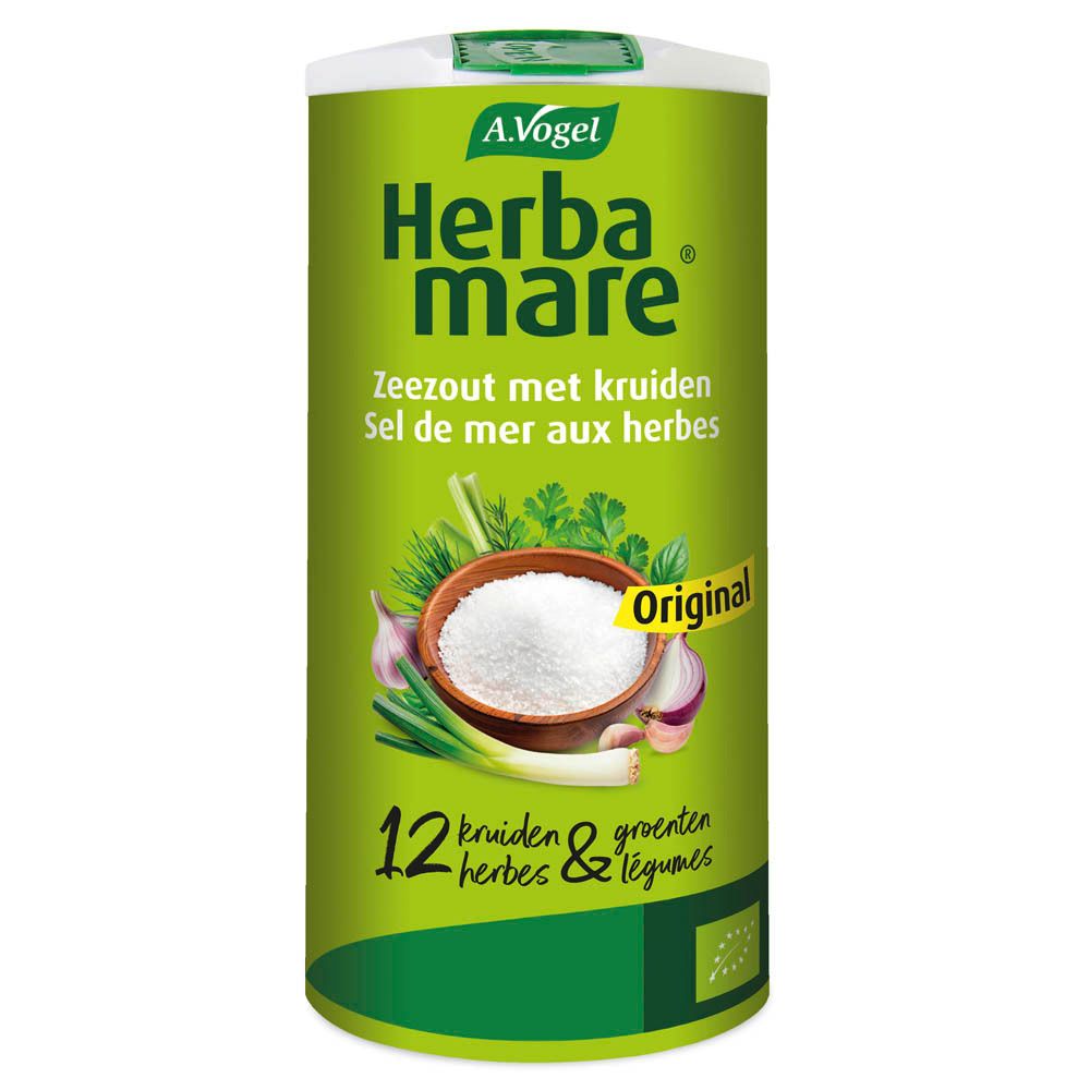 Groene cilindrische pot A.Vogel Herbamare. Kruidenzout met 12 kruiden. Bio-keurmerk. 500g.