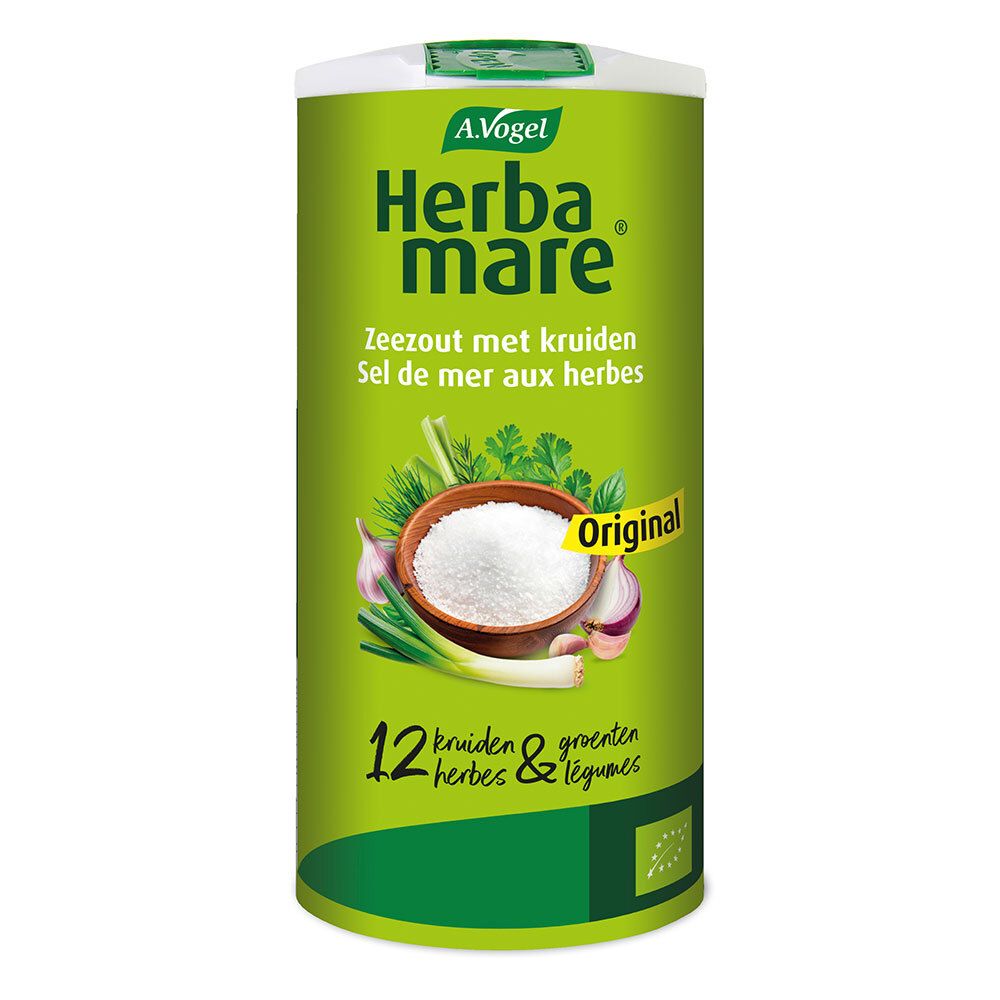 Sel aux herbes A.Vogel Herbamare Original. Boîte verte avec herbes, sel et label bio.