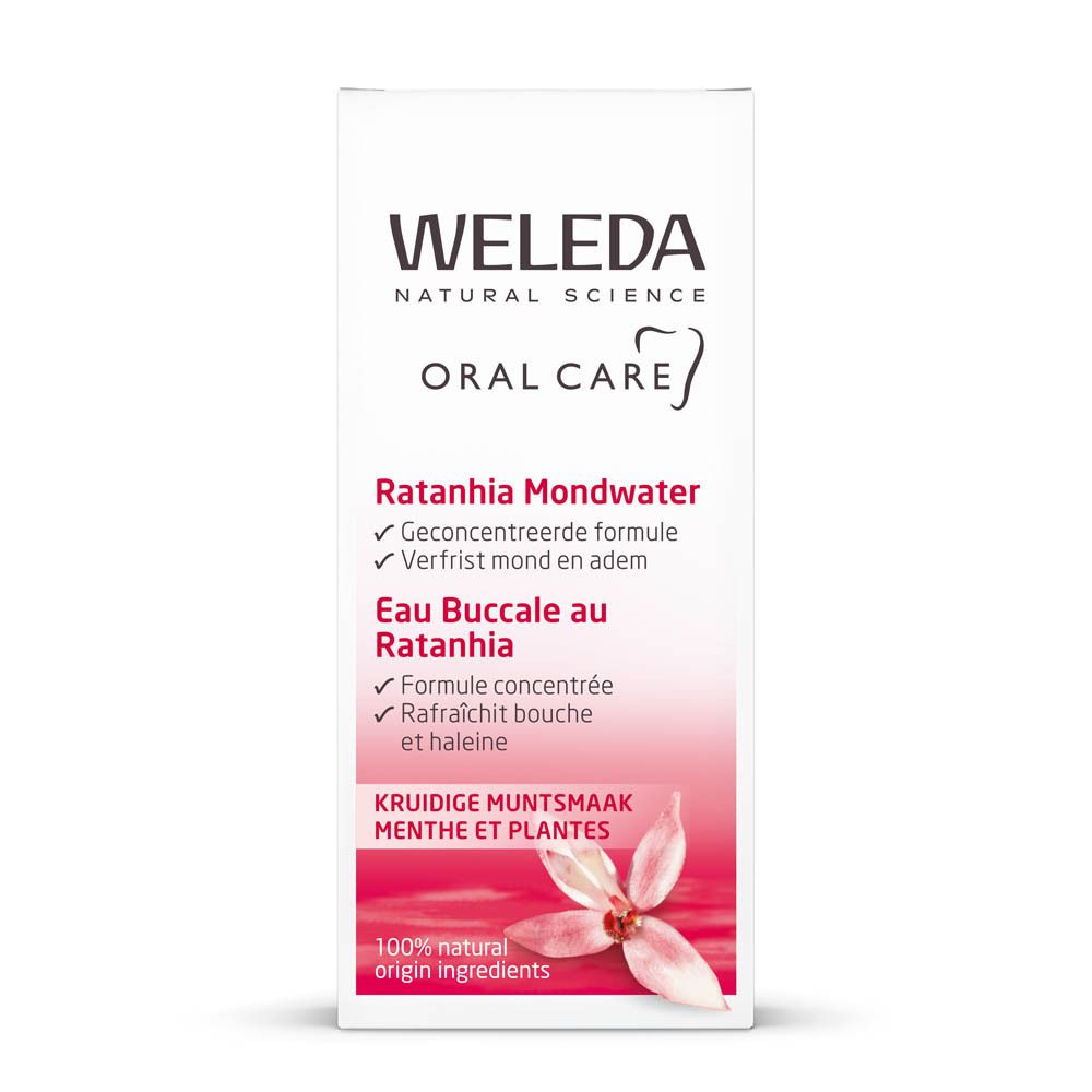 Weleda Ratanhia mondwater in glazen fles met witte dop. Kruidig mondwater.