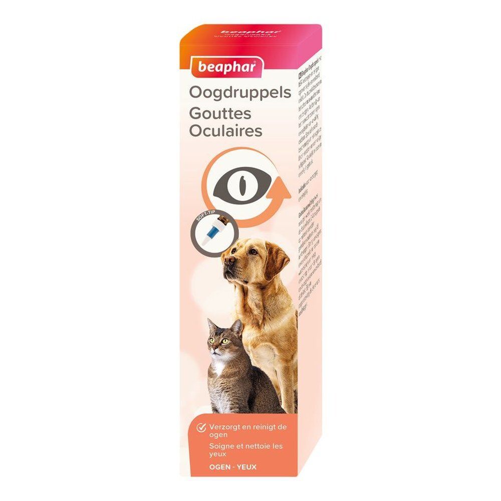 Verpakking oogdruppels. Opschriften: beaphar, Oogdruppels, Gouttes Oculaires. Afbeelding van een oog met pijl, hond en kat.