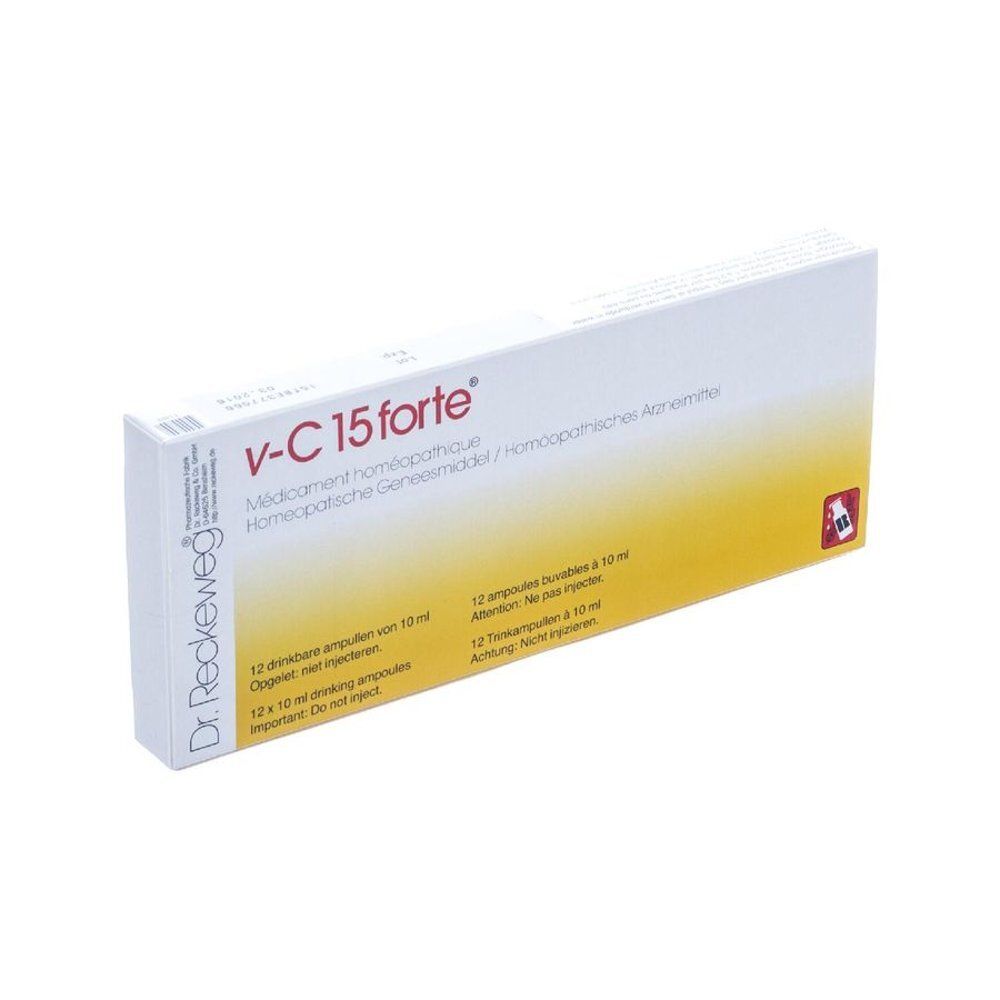 Boîte V-C 15 forte. Impression: Dr. Reckeweg. 12 ampoules. Fond jaune.