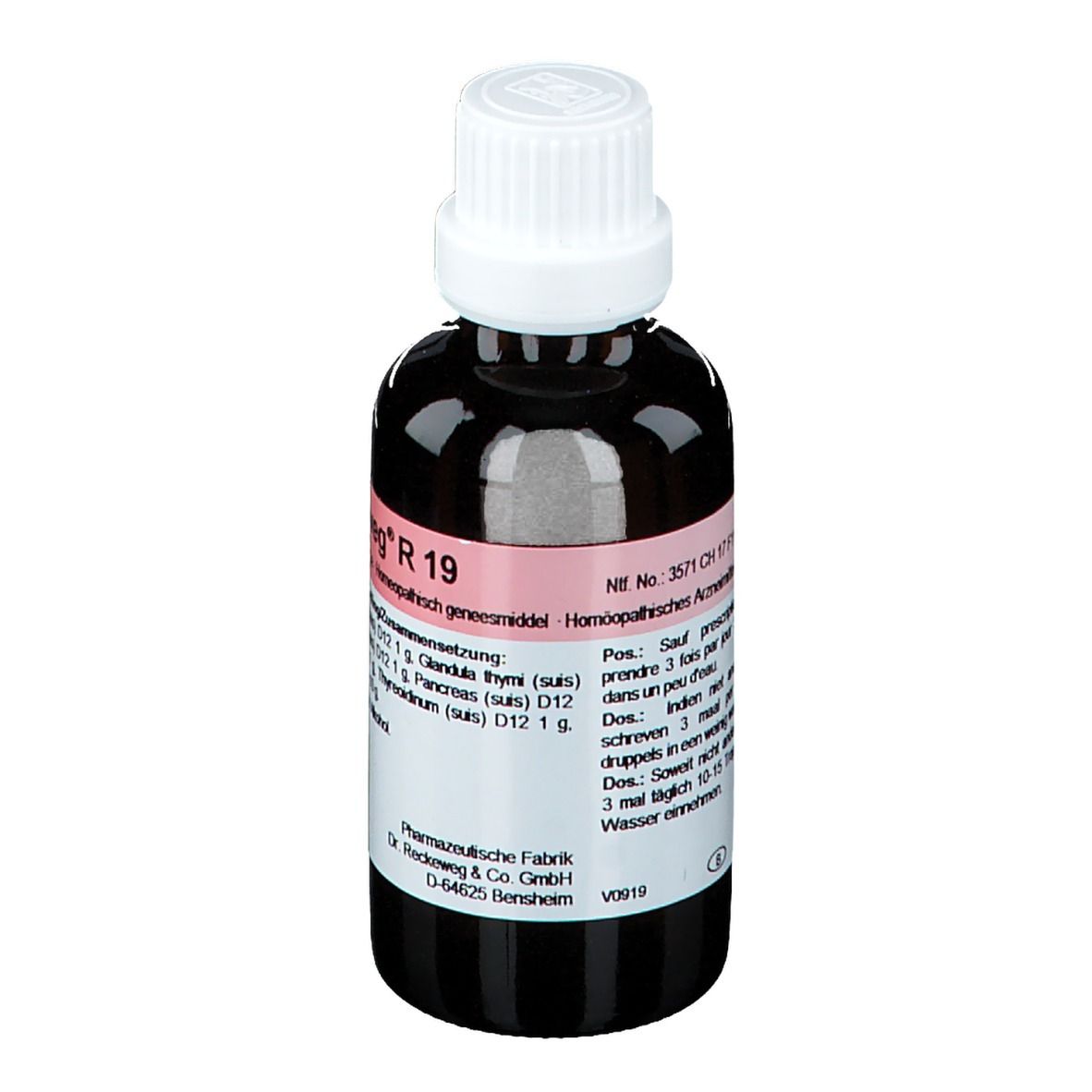 Bruine glazen fles met witte dop. Etiket met productinformatie en doseringsinstructies.