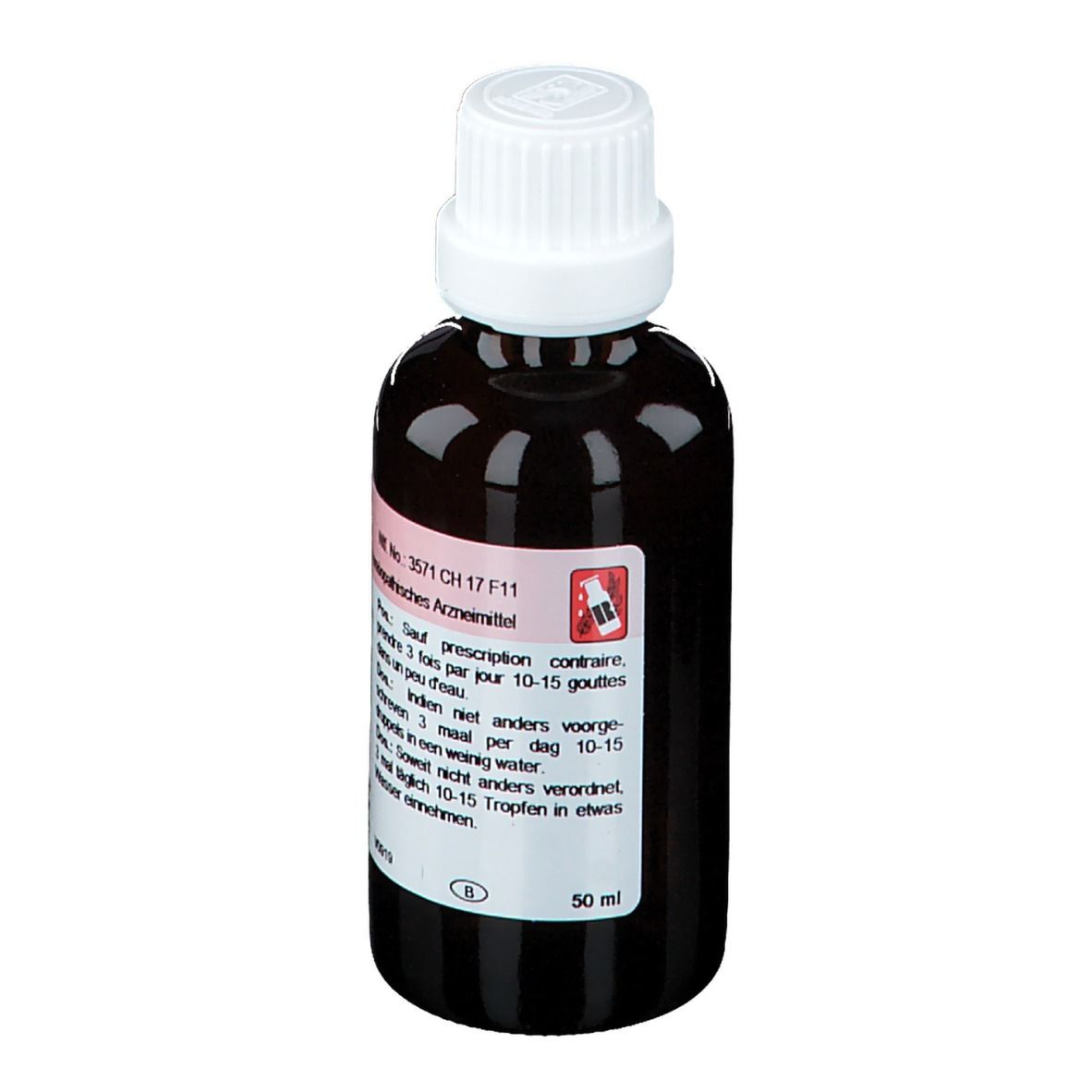 Bruine glazen fles met witte dop. Etiket met productinformatie en doseringsinstructies.