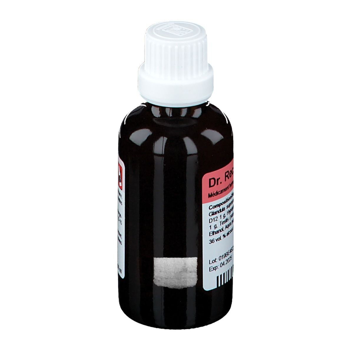 Bruine glazen fles met witte dop. Etiket met productinformatie en ingrediënten.