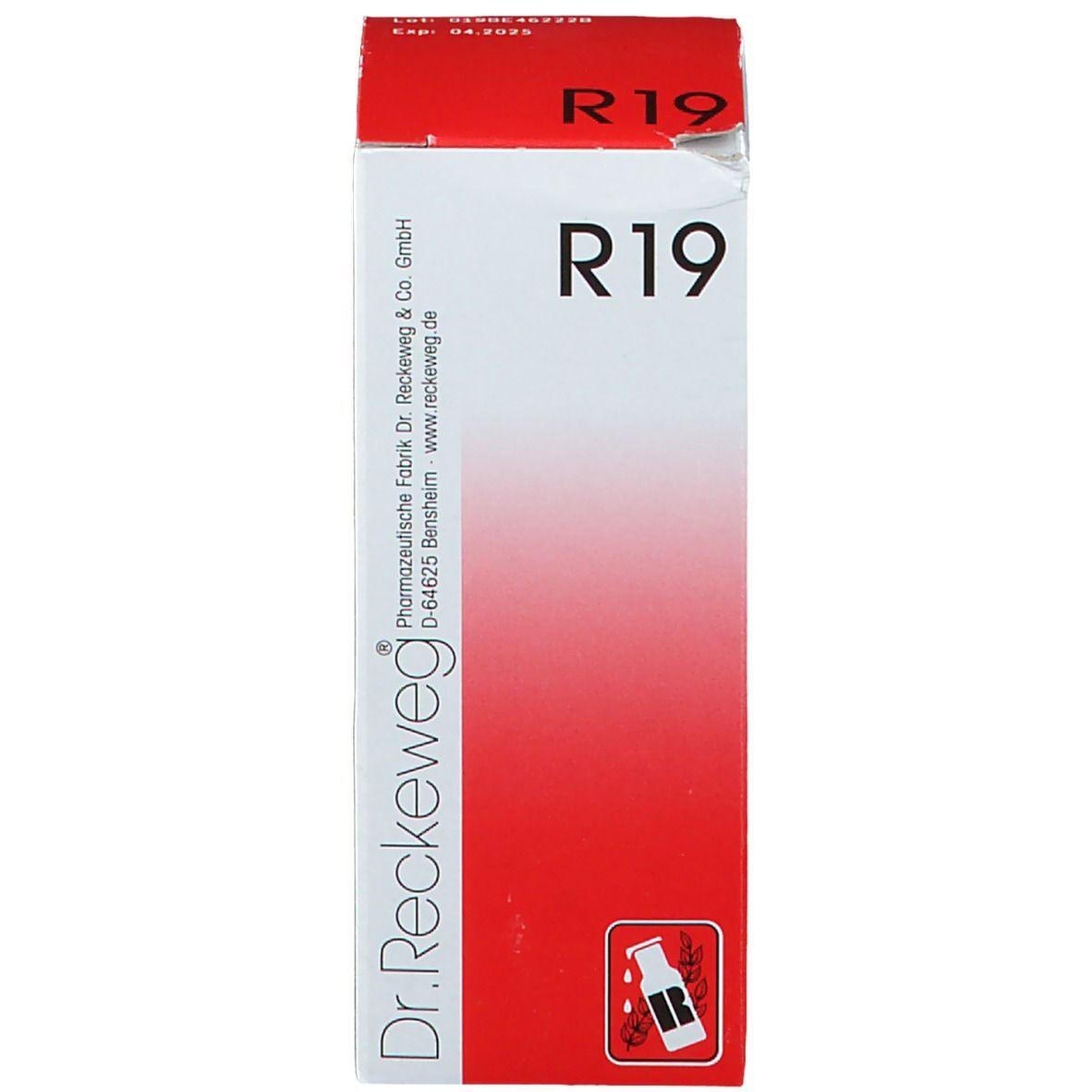 Rode en witte productverpakking. Op de verpakking staat R 19 en Dr. Reckeweg.