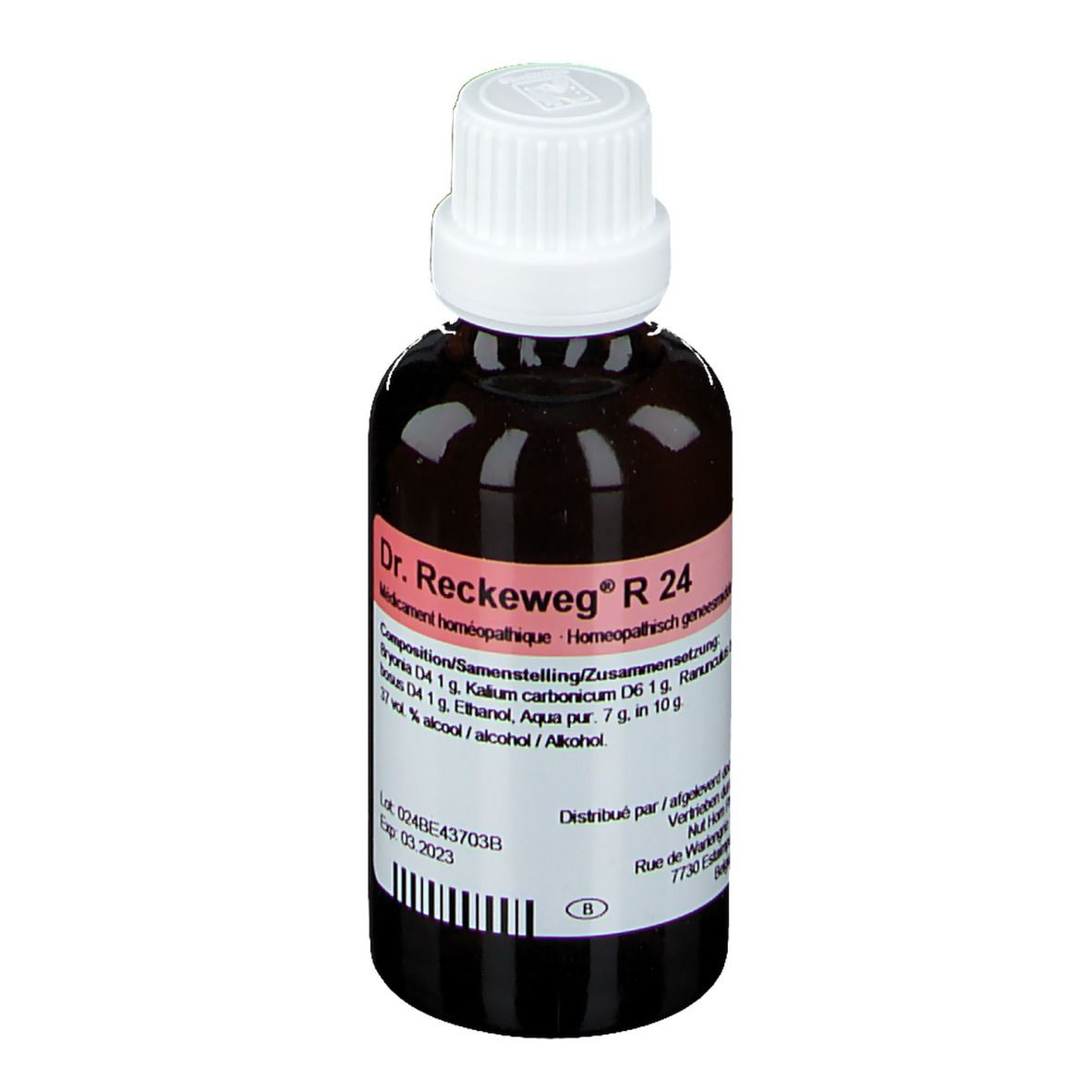 Bruine glazen fles met witte dop. Etiket met productnaam Dr. Reckeweg R 24 en informatie.
