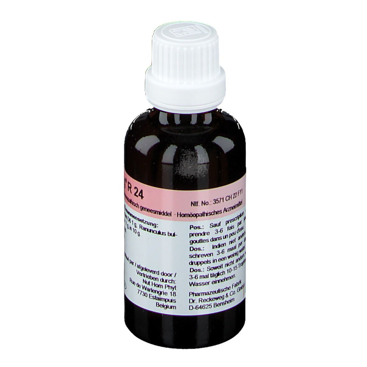 Bruine glazen fles met witte dop. Etiket met productinformatie en doseringsinstructies.