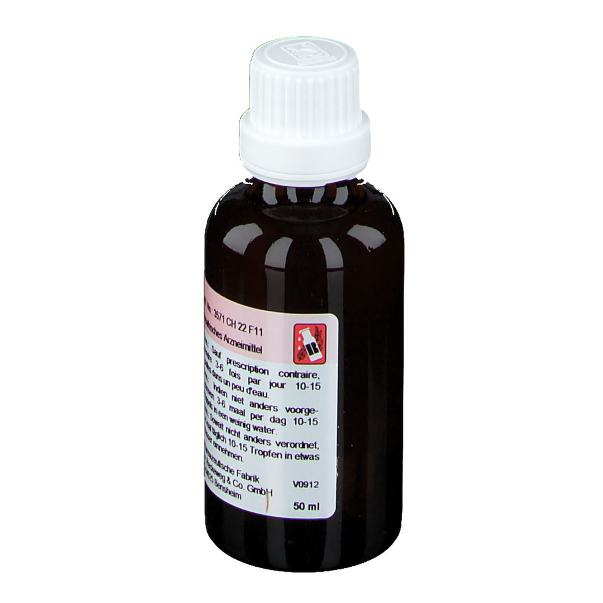 Bruine glazen fles met witte dop. Etiket met informatie en instructies. 50 ml.