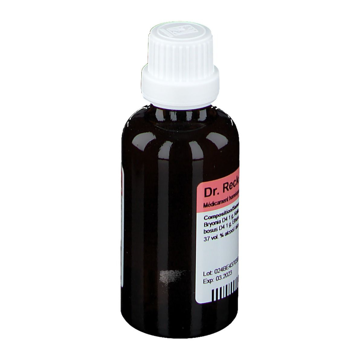 Bruine glazen fles met witte dop. Etiket met productinformatie en ingrediënten.