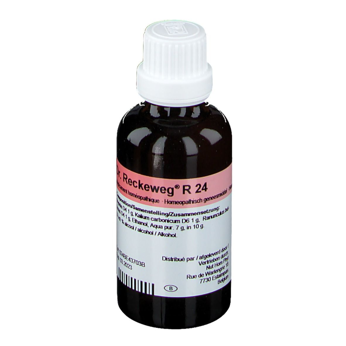 Bruine glazen fles met witte dop. Etiket met productnaam Dr. Reckeweg R 24 en informatie.