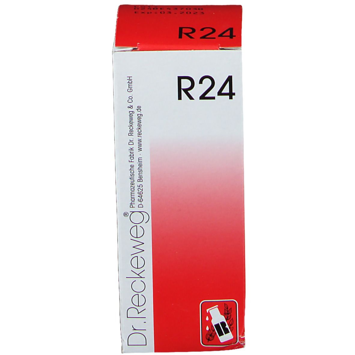 Rode productverpakking met witte tekst. Productnaam R24 en merk Dr. Reckeweg zichtbaar.