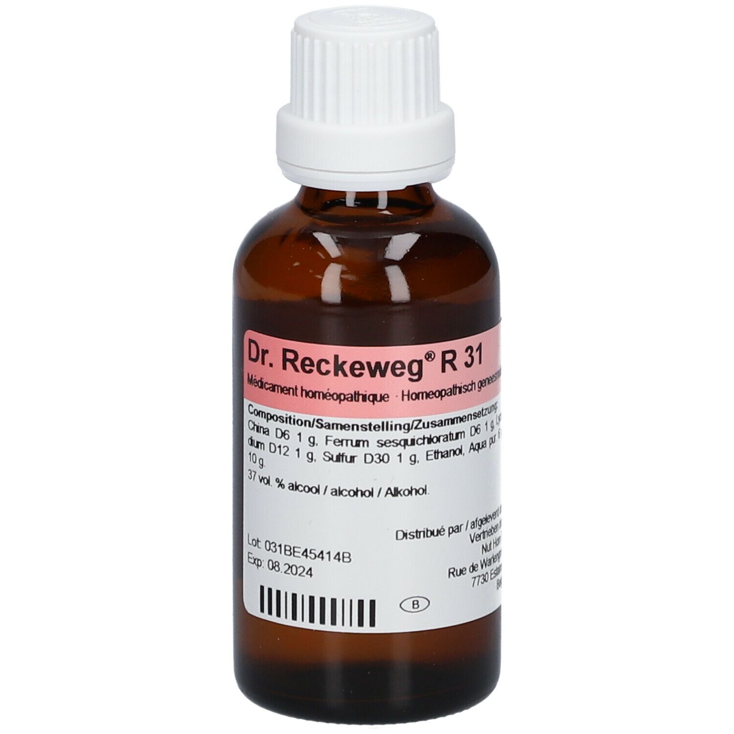 Bruine glazen fles met witte dop. Etiket met productnaam Dr. Reckeweg R 31 en ingrediënten.
