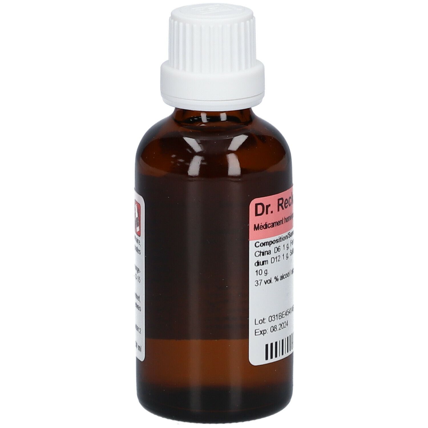 Bruine glazen fles met witte dop. Etiket met productnaam Dr. Reckeweg R 31 en ingrediënten.