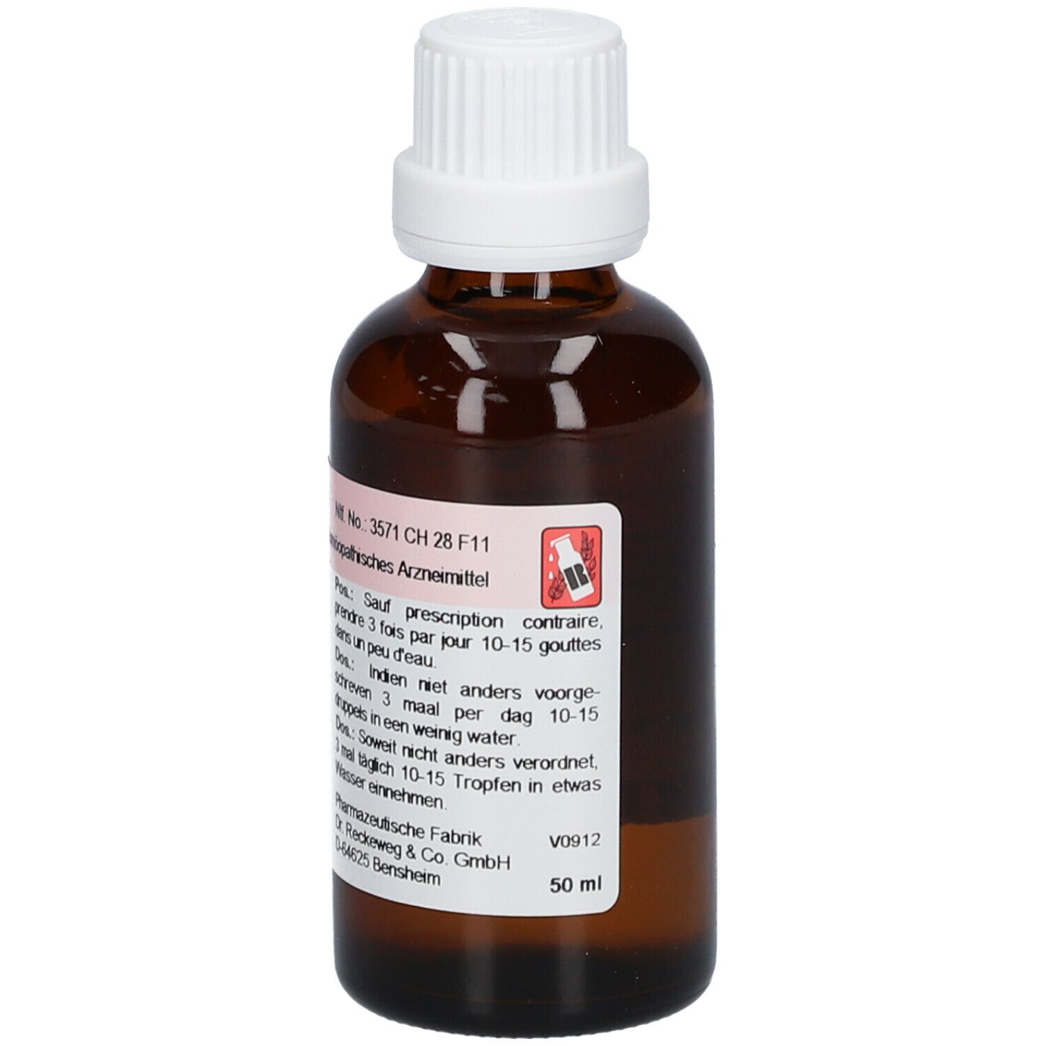 Bruine glazen fles met witte dop. Etiket met productnaam en doseringsinstructies.