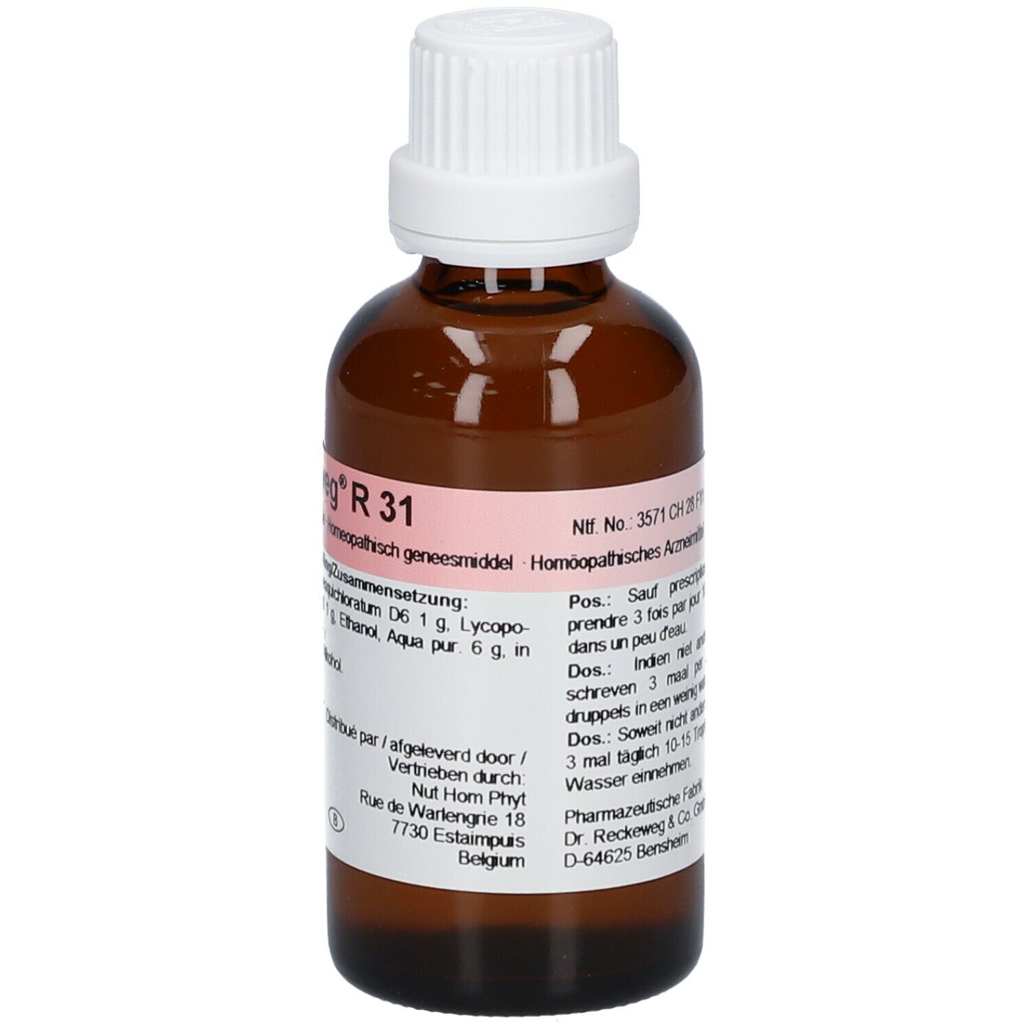 Bruine glazen fles met witte dop. Etiket met productnaam en ingrediënten.