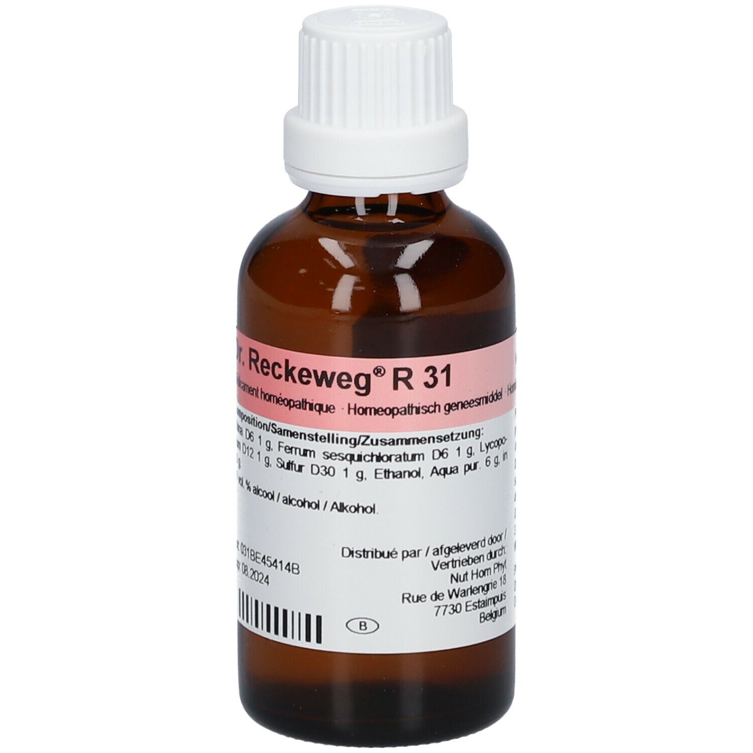 Bruine glazen fles met witte dop. Etiket met productnaam Dr. Reckeweg R 31 en ingrediënten.