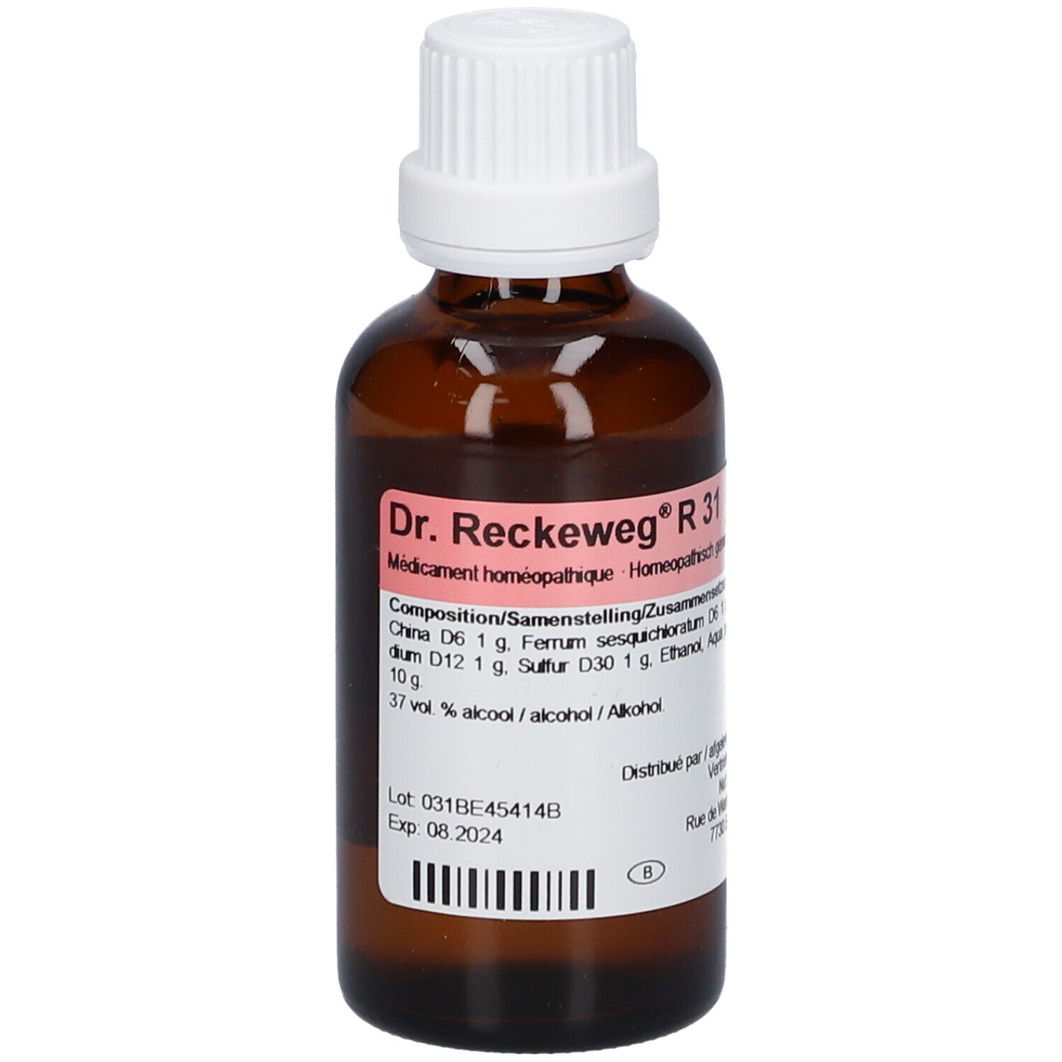 Bruine glazen fles met witte dop. Etiket met productnaam Dr. Reckeweg R 31 en ingrediënten.