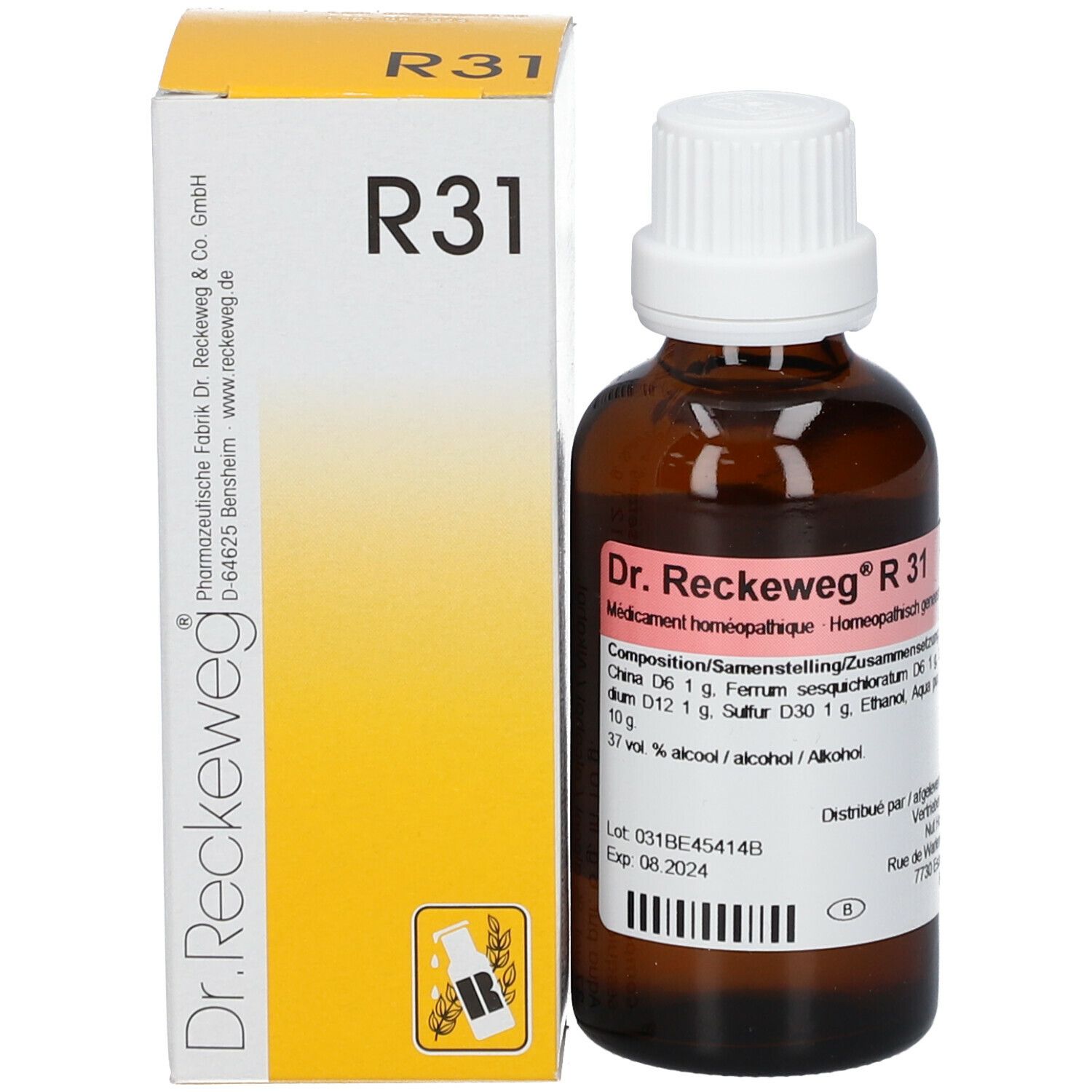 Bruine glazen fles met witte dop naast gele doos. Op de doos staat R 31.