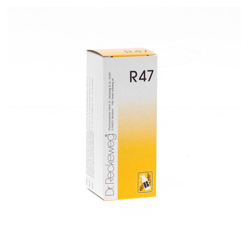 Boîte en carton avec dégradé jaune. Inscription "R47". Logo "Dr. Reckeweg".