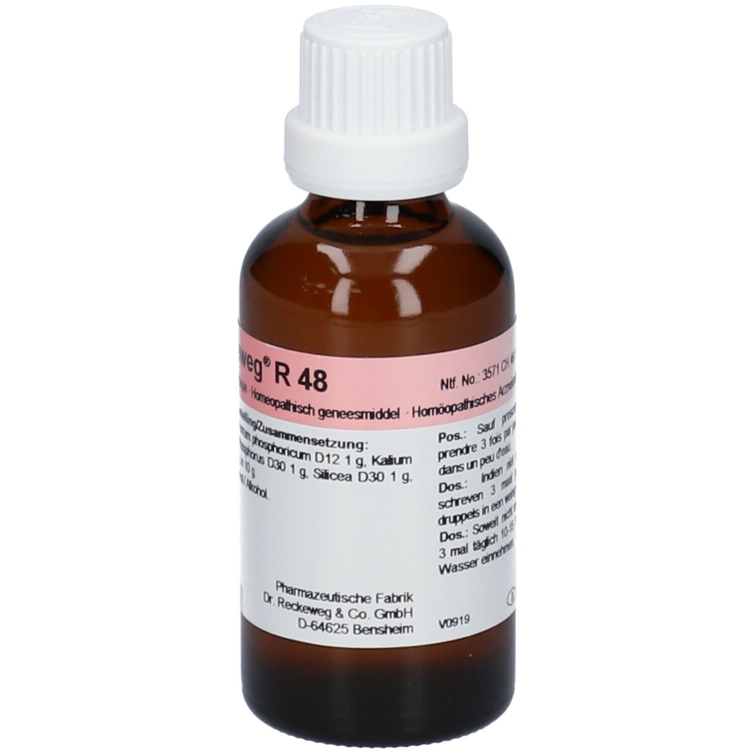 Bruine glazen fles met witte dop. Etiket met productinformatie. Opschrift: Dr. Reckeweg R 48.