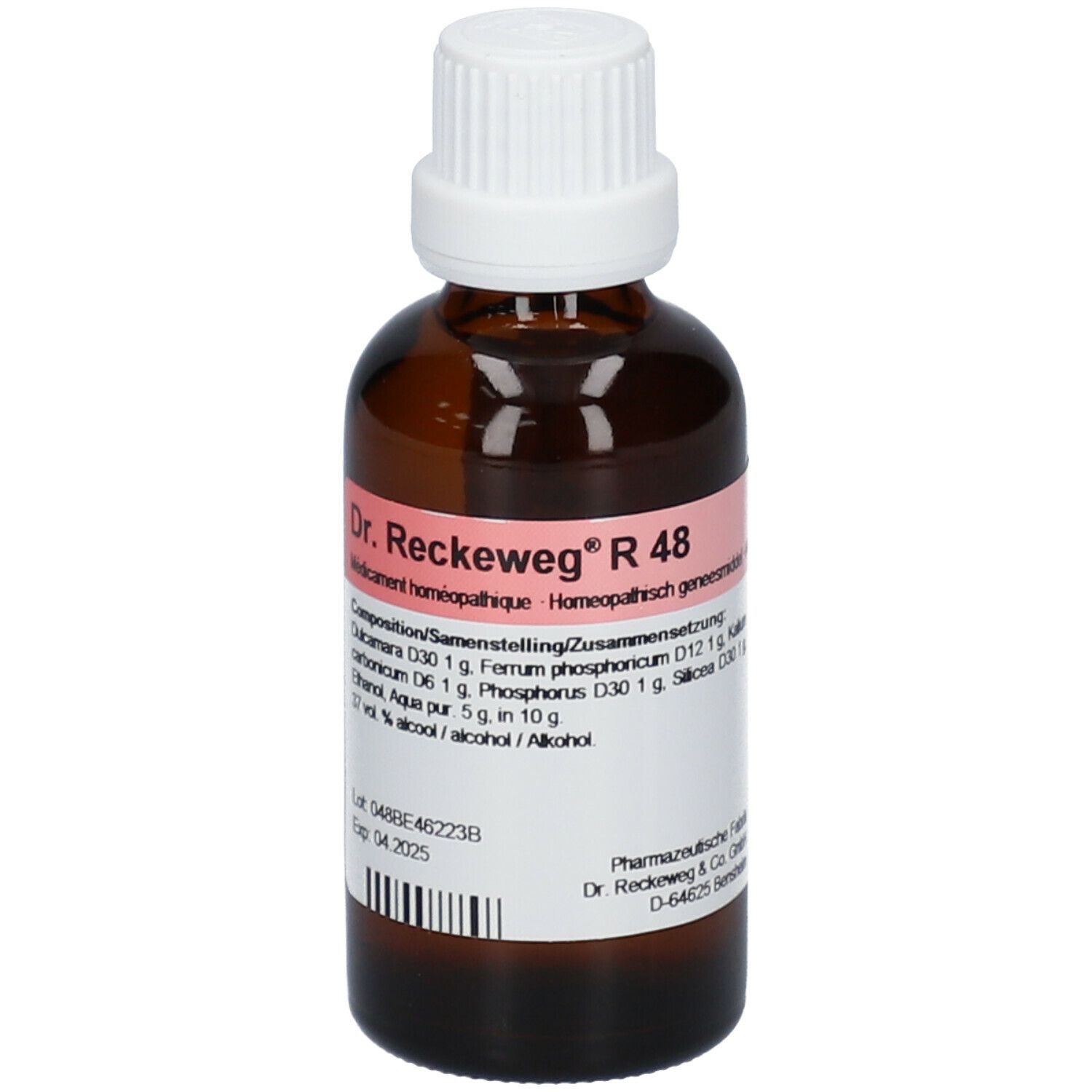 Bruine glazen fles met witte dop. Etiket met productinformatie. Opschrift: Dr. Reckeweg R 48.