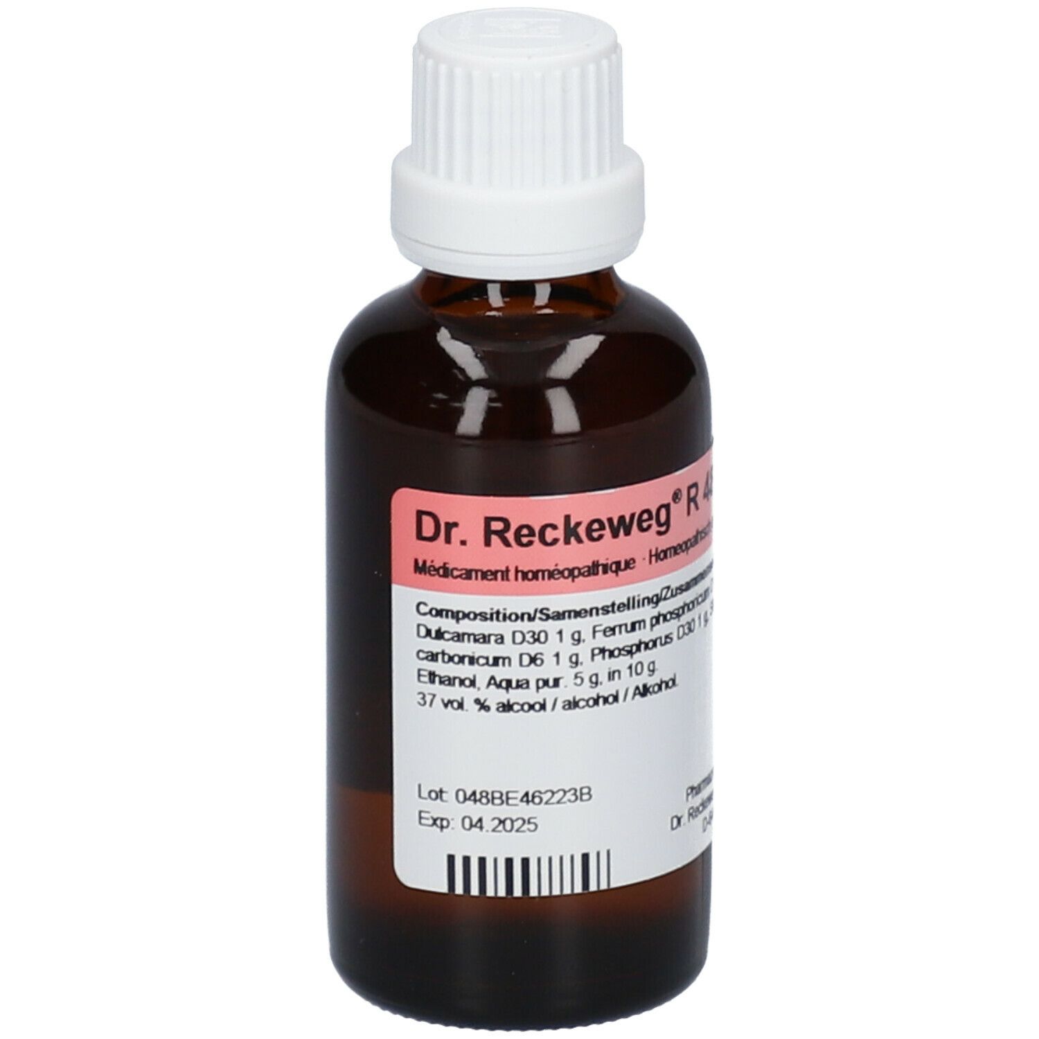 Bruine glazen fles met witte dop. Etiket met productinformatie. Opschrift: Dr. Reckeweg R 48.