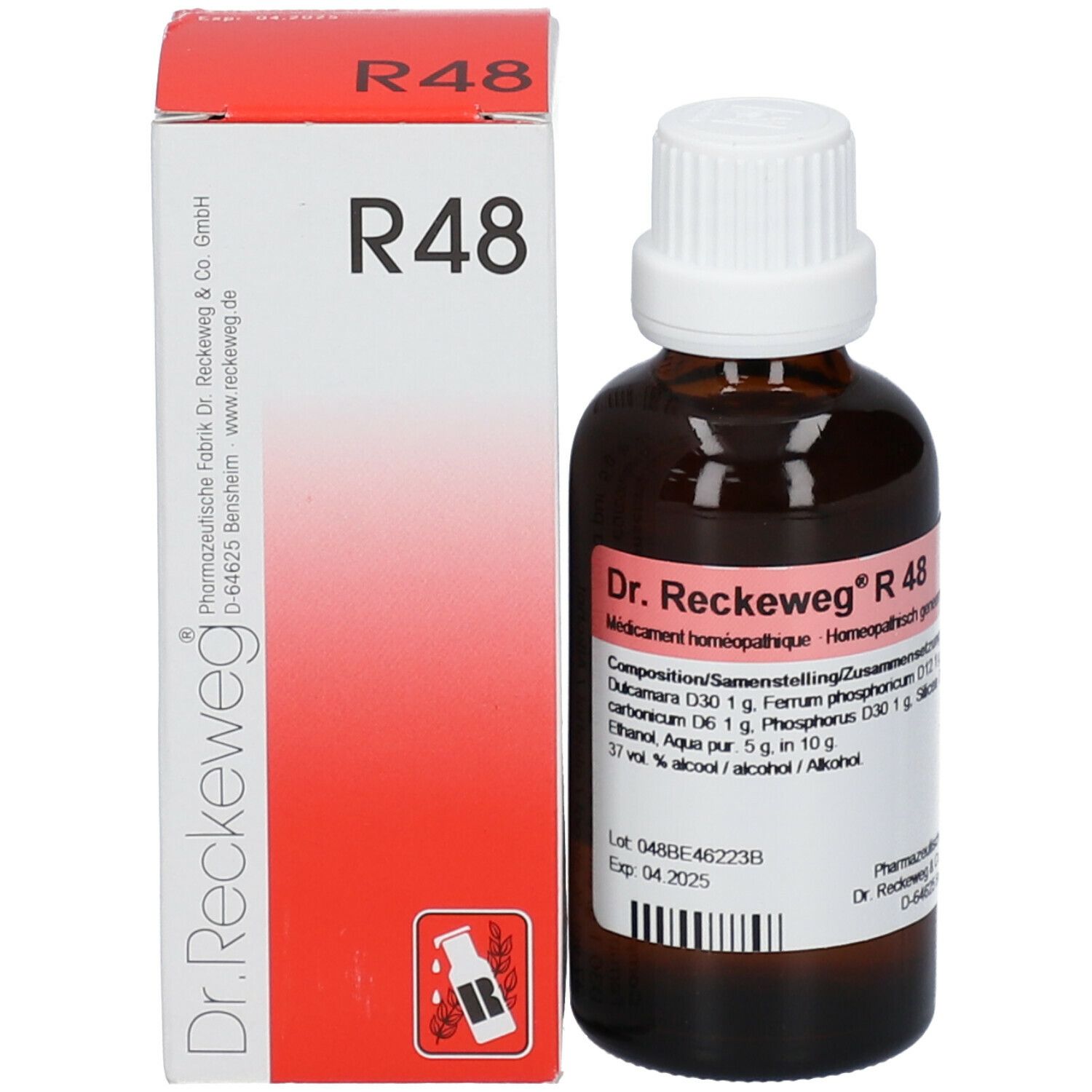 Bruine glazen fles en doos. Opschrift: R 48. Etiket met productinformatie. Opschrift: Dr. Reckeweg R 48.