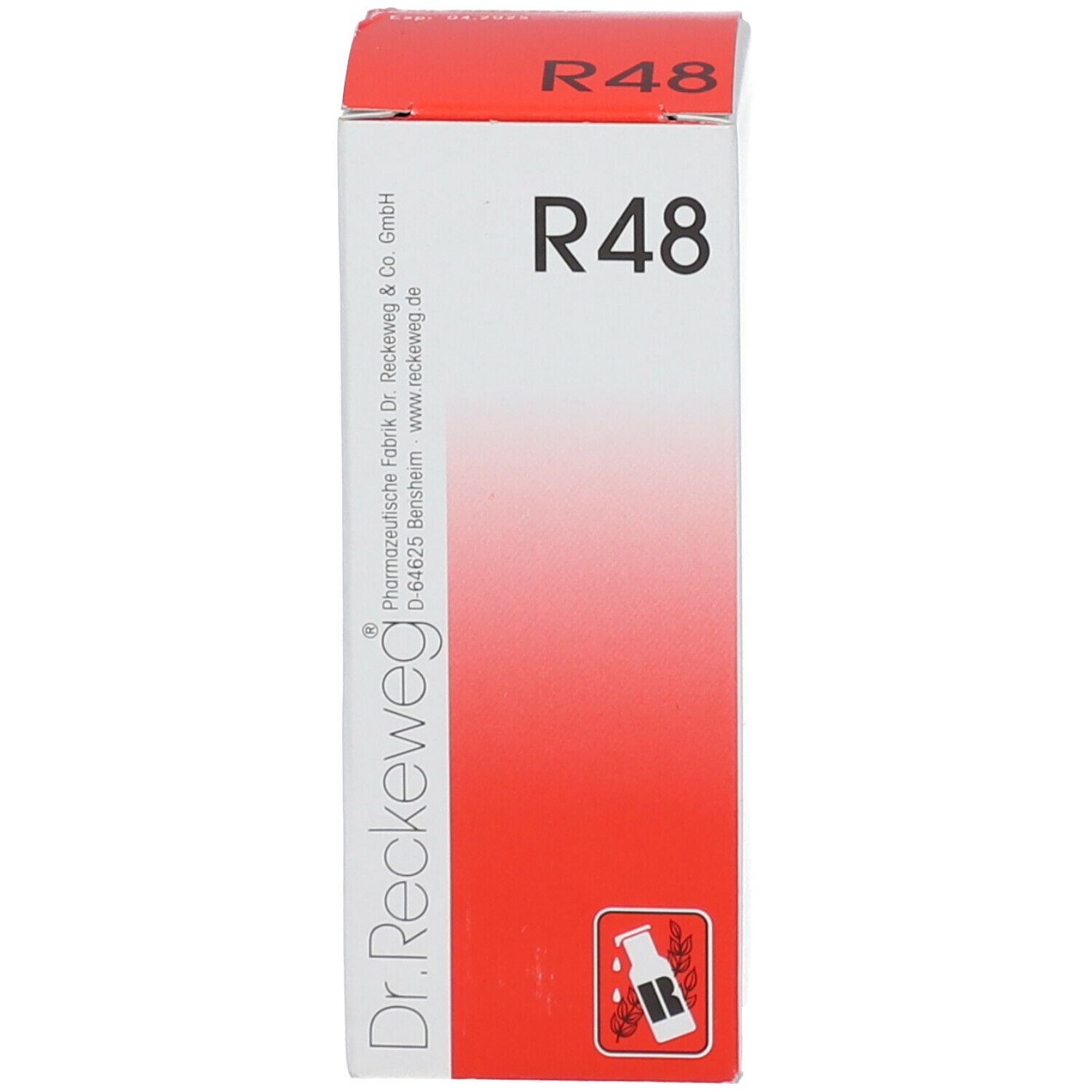 Doos met opschrift R 48. Logo van Dr. Reckeweg. Rode achtergrond, witte tekst.