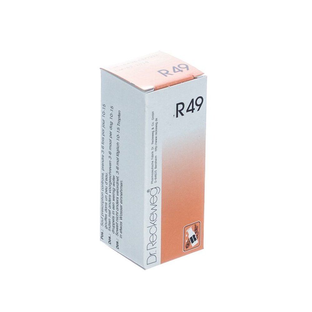 Boîte en carton avec l'inscription "R49" et le logo Dr. Reckeweg. Texte en plusieurs langues.