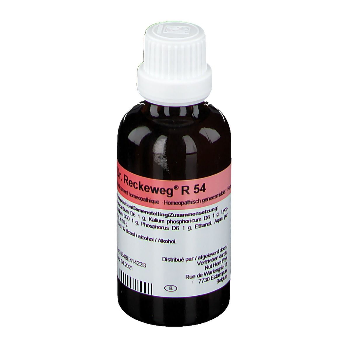 Bruine glazen fles met witte dop. Etiket met productnaam en ingrediënten. Merk: Reckeweg R 54.