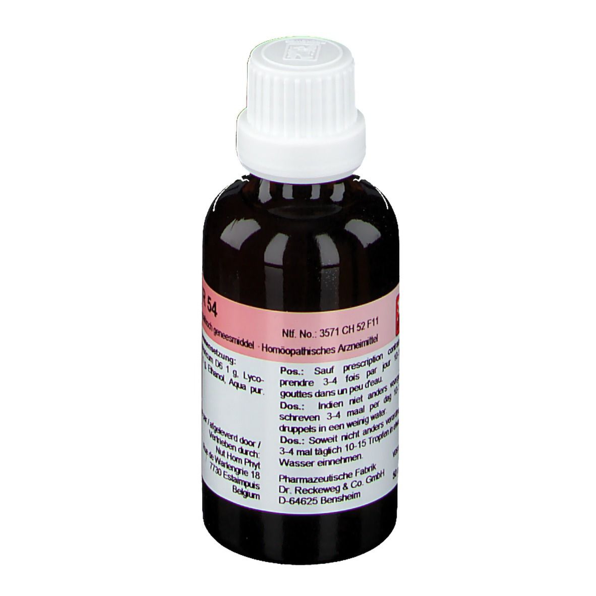 Bruine glazen fles met witte dop. Etiket met productinformatie. Merk: Reckeweg R 54.
