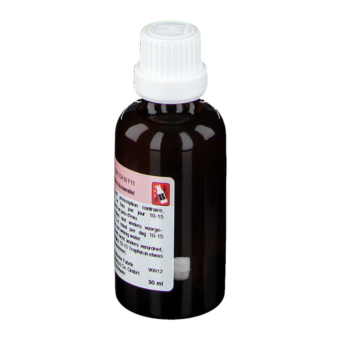 Bruine glazen fles met witte dop. Etiket met productinformatie. Volume: 50 ml.